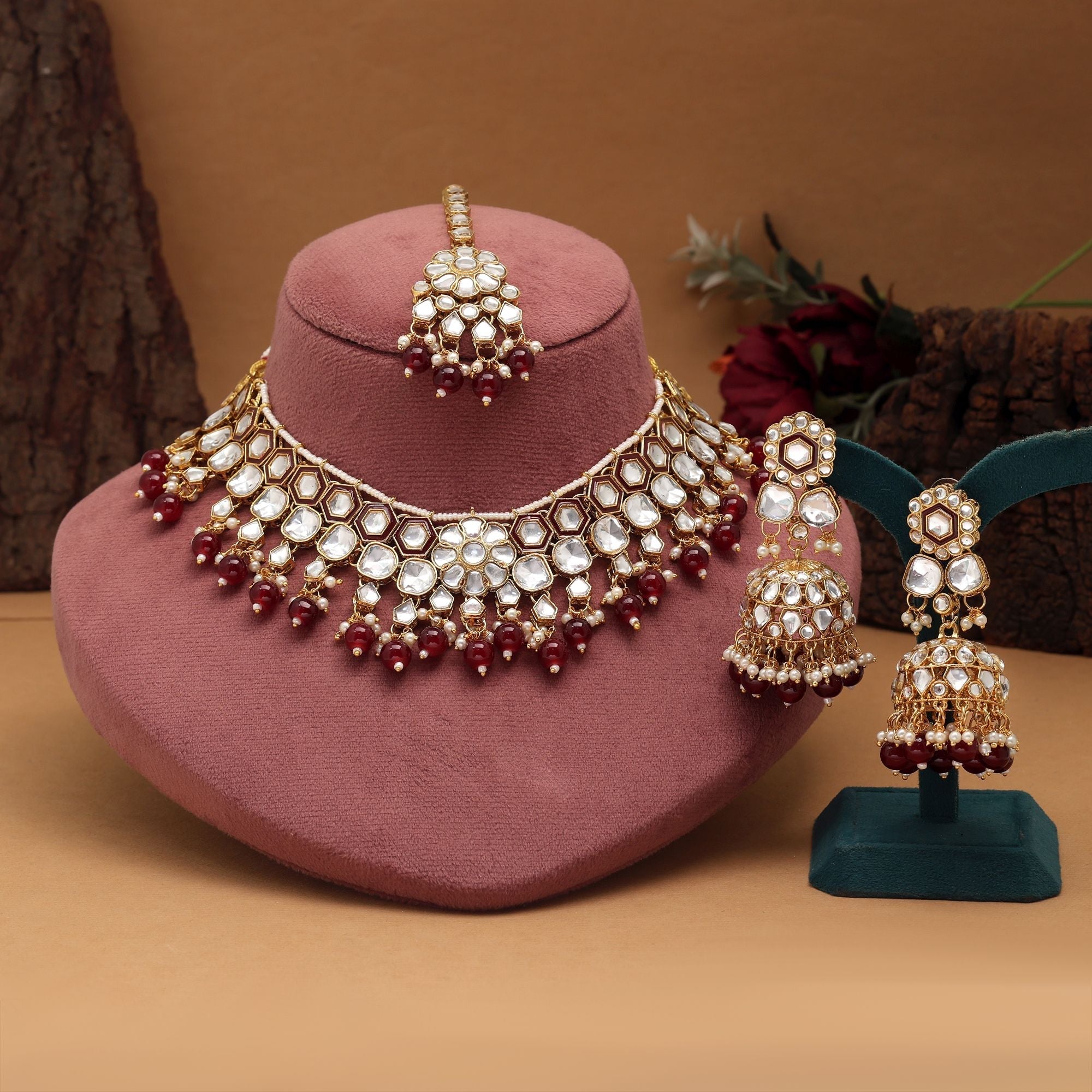 Elegant Maroon Color Meena Work Kundan Necklace Set Designed For Weddings And Traditional Celebrations