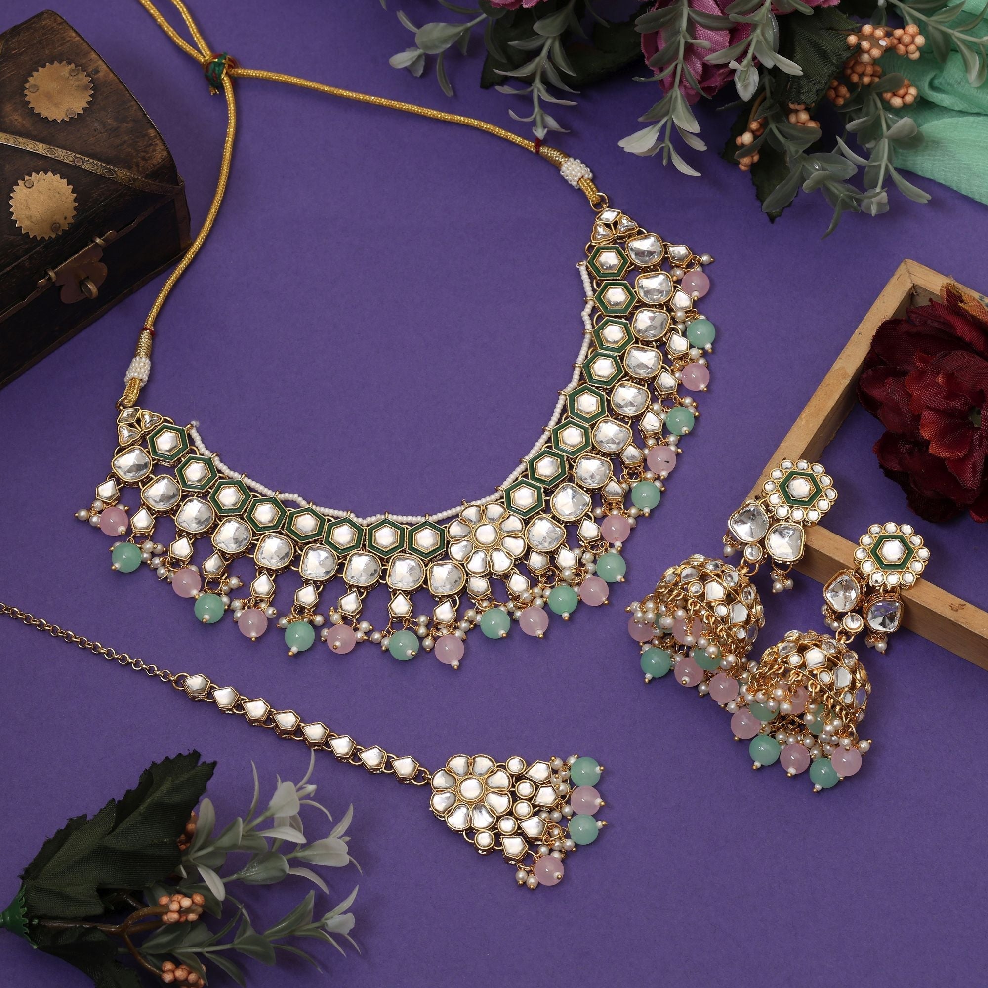 Attractive Pista Green And Pink Color Meena Work Kundan Necklace Set Crafted For Parties And Weddings