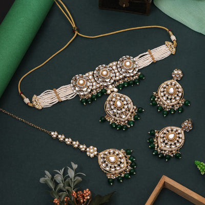 Elegant Green Color Choker Kundan Necklace Set Perfect For Bridal Wear And Festive Celebrations