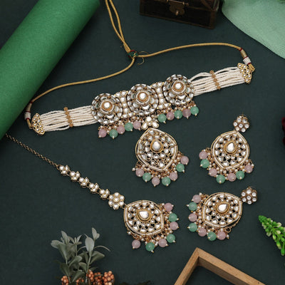 Attractive Pista Green And Pink Color Choker Kundan Necklace Set Designed For Brides And Engagements