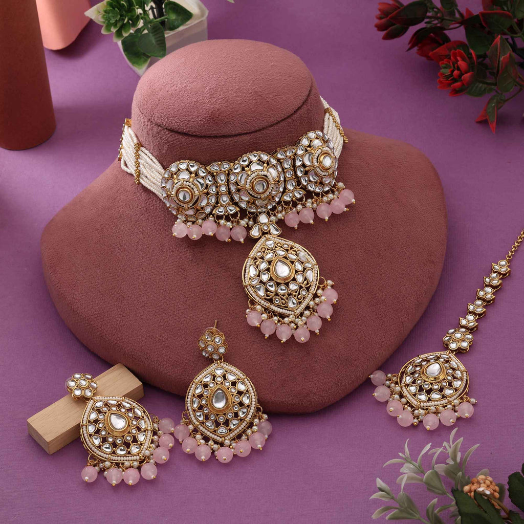 Pink Color Designer Choker Kundan American Diamond Necklace Set For Bridal Look