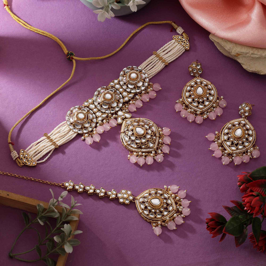 Pink Color Designer Choker Kundan American Diamond Necklace Set For Bridal Look