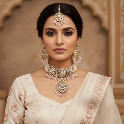 Pink Color Designer Choker Kundan American Diamond Necklace Set For Bridal Look