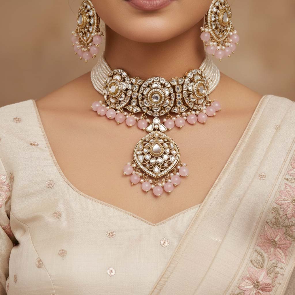 Pink Color Designer Choker Kundan American Diamond Necklace Set For Bridal Look