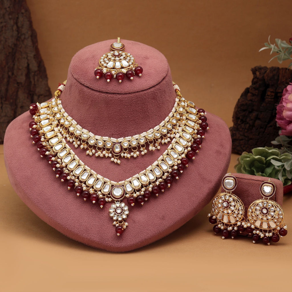 Royal Maroon Color Meena Work Kundan Necklace Set Crafted With Premium Detailing For Wedding Celebrations