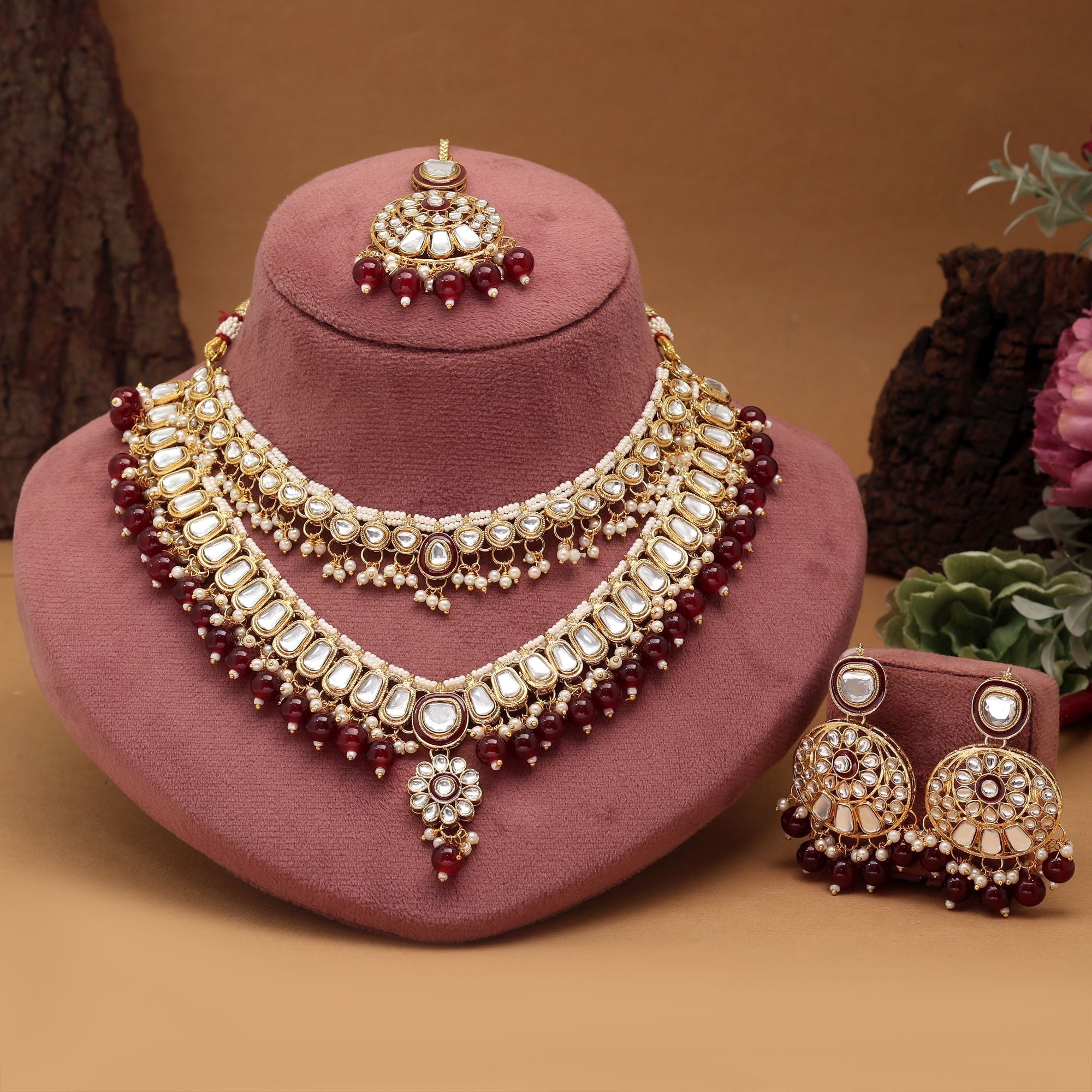 Royal Maroon Color Meena Work Kundan Necklace Set Crafted With Premium Detailing For Wedding Celebrations