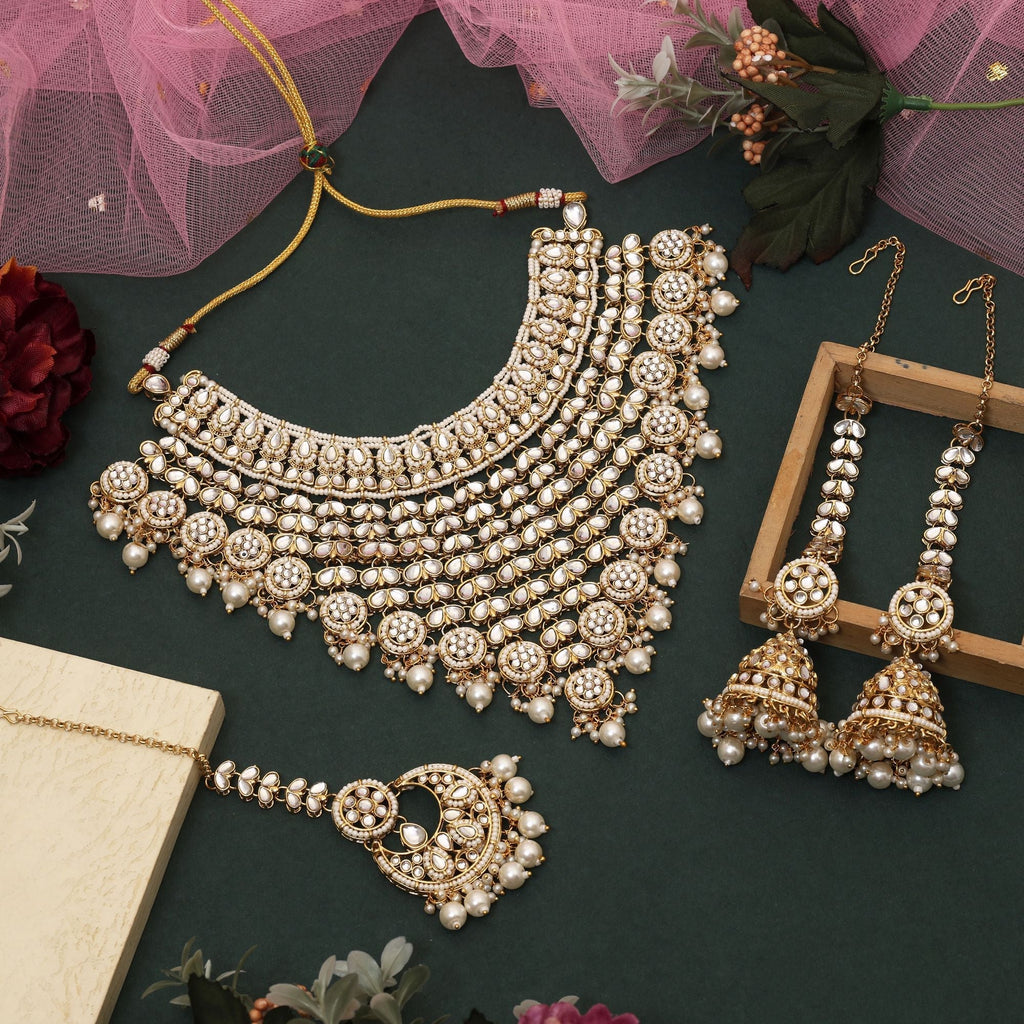 Beautiful White Color Kundan Necklace Set Designed For Brides, Engagements, And Festive Occasions