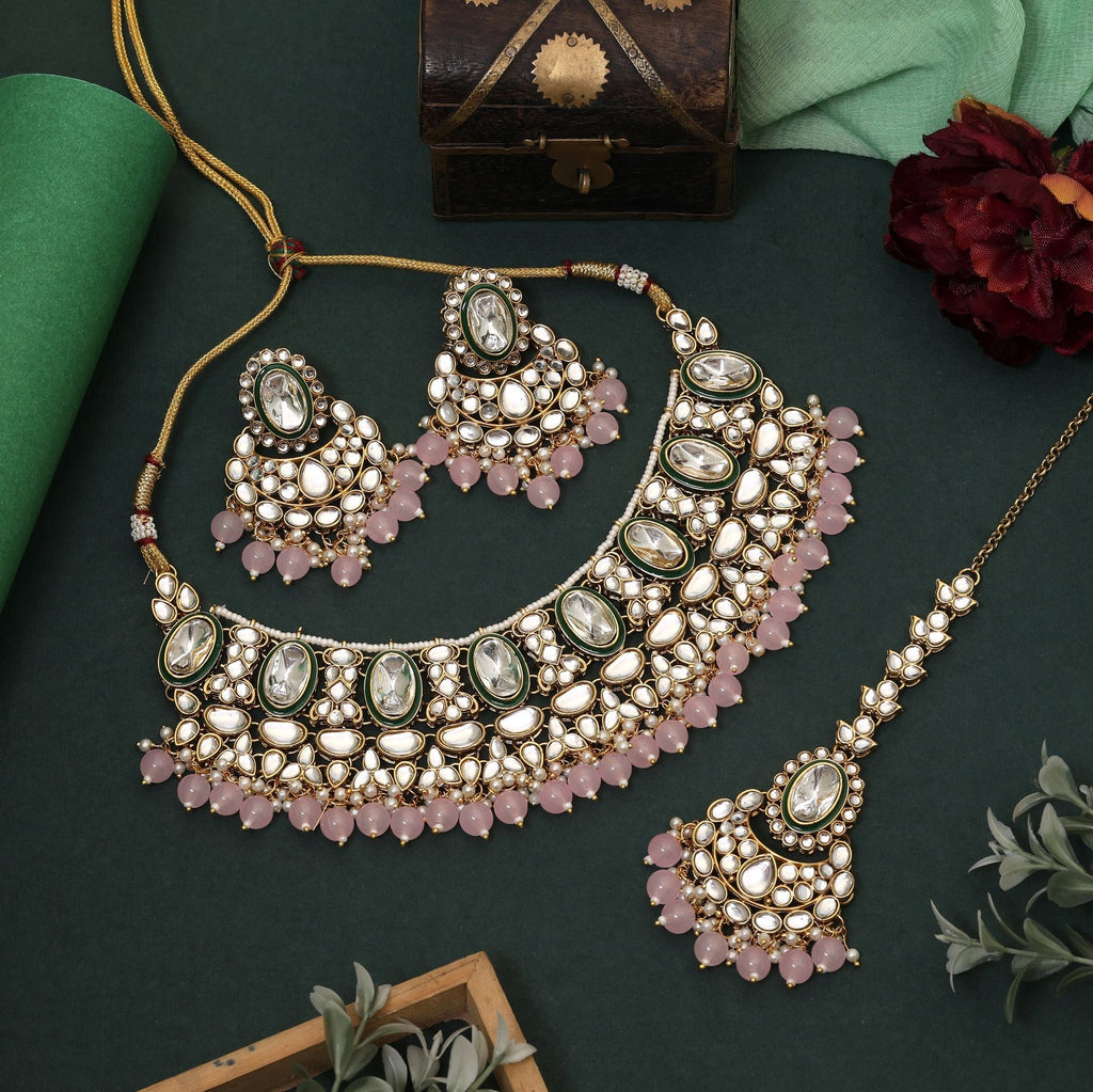 Attractive Pink Color Kundan Necklace Set Crafted With Premium Artistic Work For Bridal Jewelry