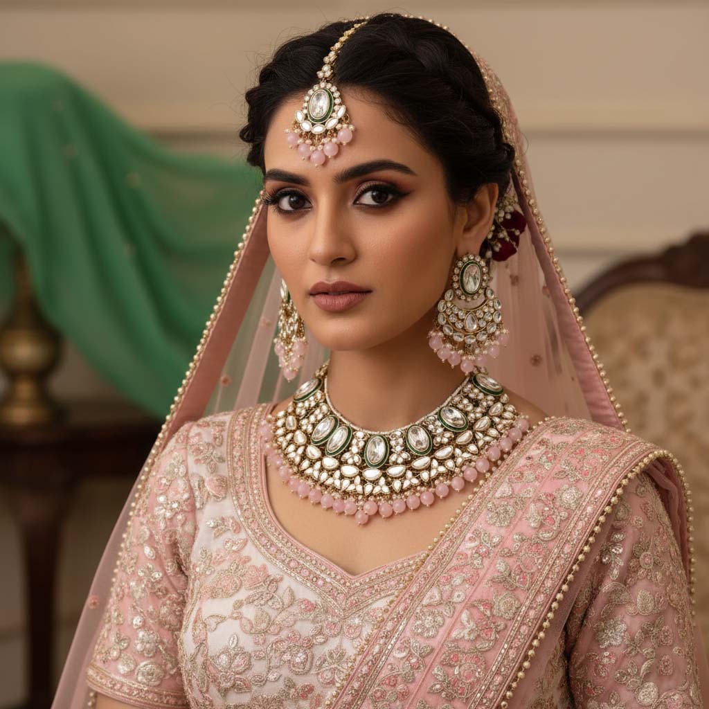 Attractive Pink Color Kundan Necklace Set Crafted With Premium Artistic Work For Bridal Jewelry