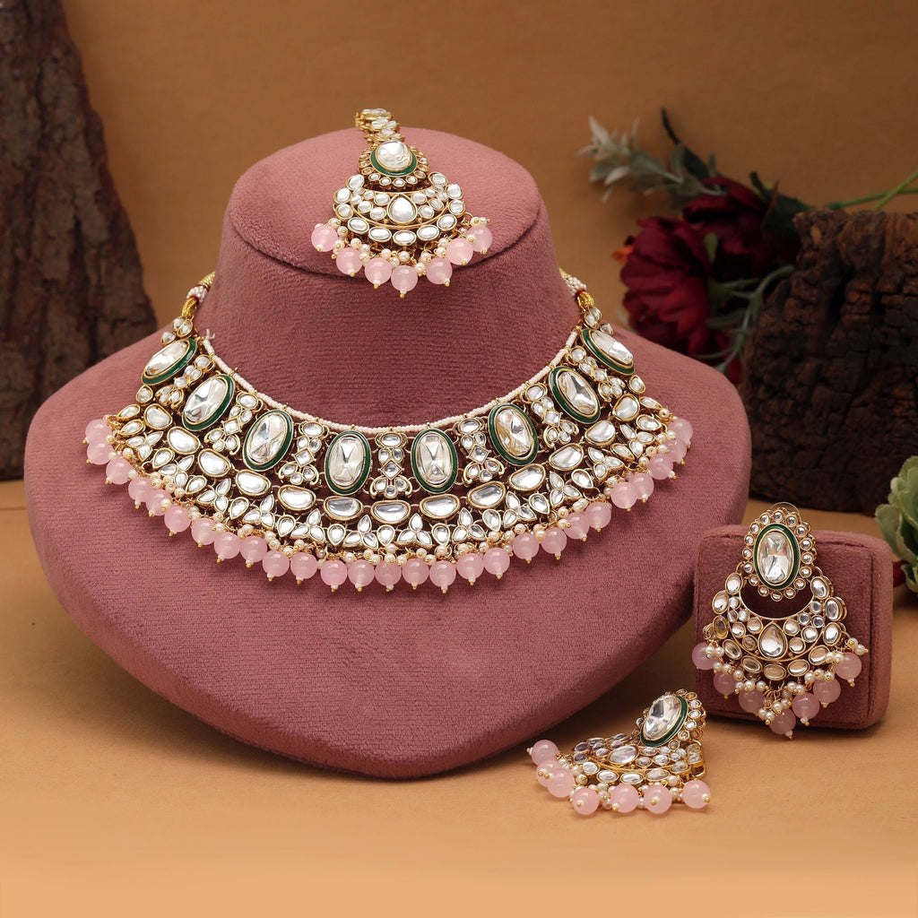 Attractive Pink Color Kundan Necklace Set Crafted With Premium Artistic Work For Bridal Jewelry
