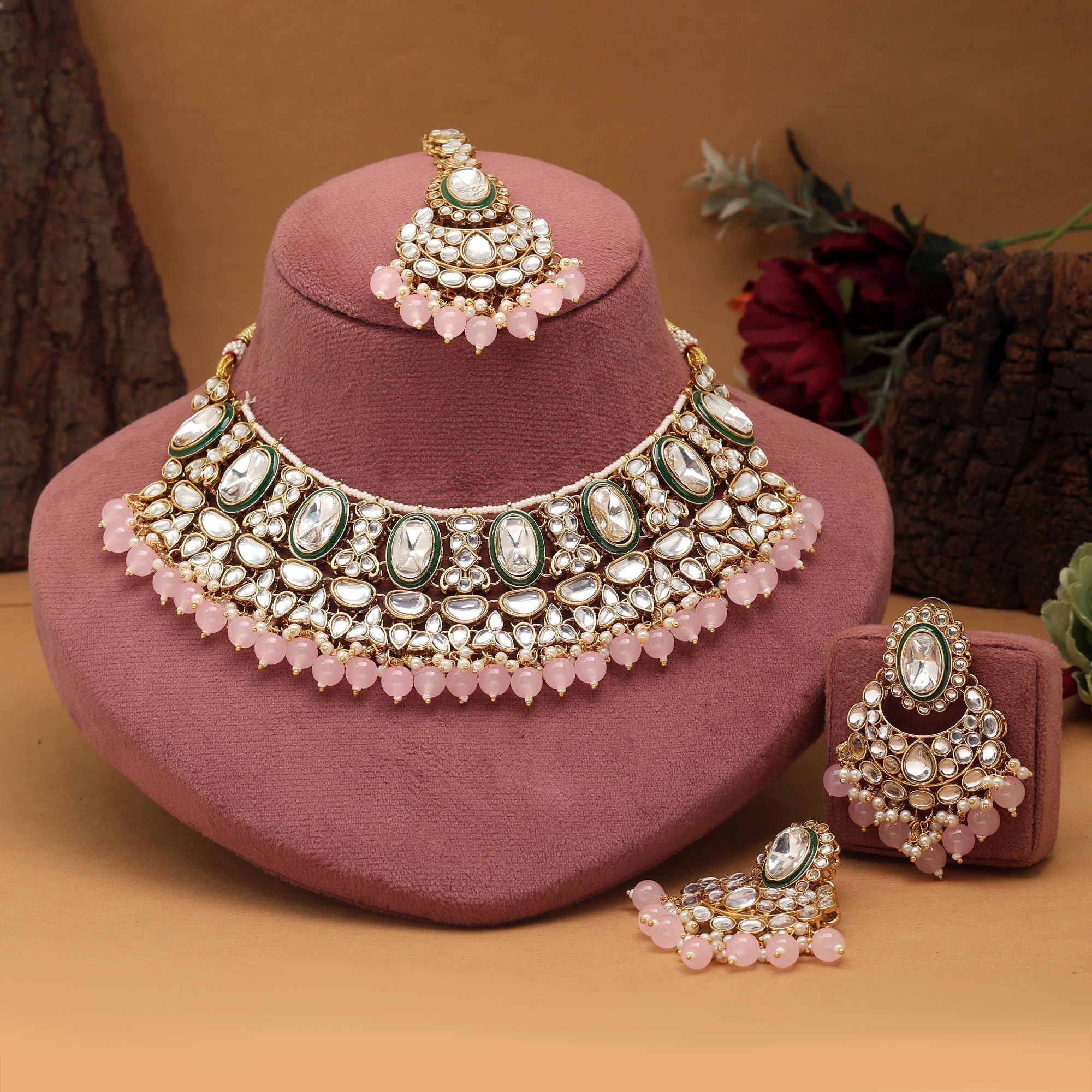 Attractive Pink Color Kundan Necklace Set Crafted With Premium Artistic Work For Bridal Jewelry