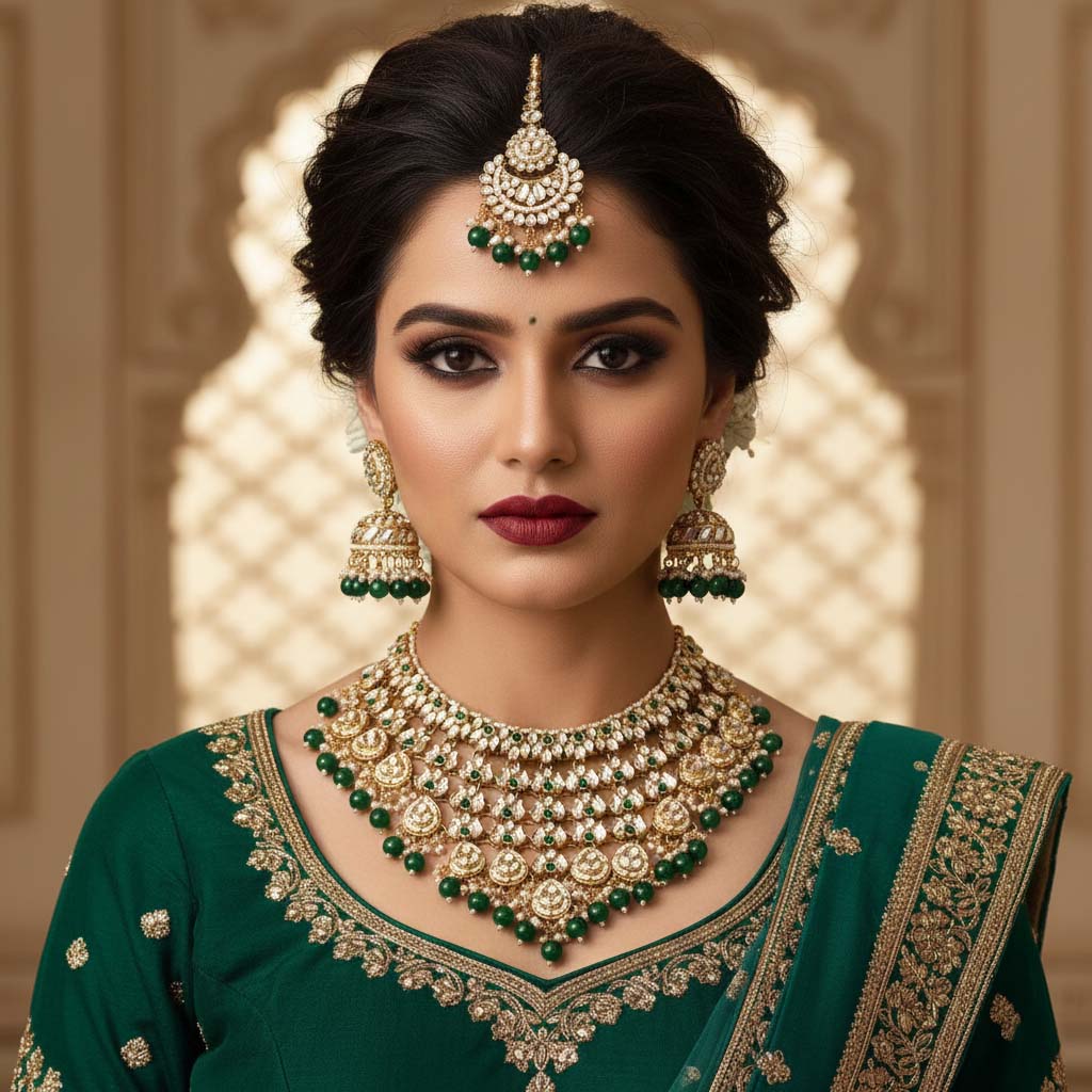 Stylish Green Color Kundan Necklace Set Designed For Bridal Wear, Festive Events, And Cultural Fashion