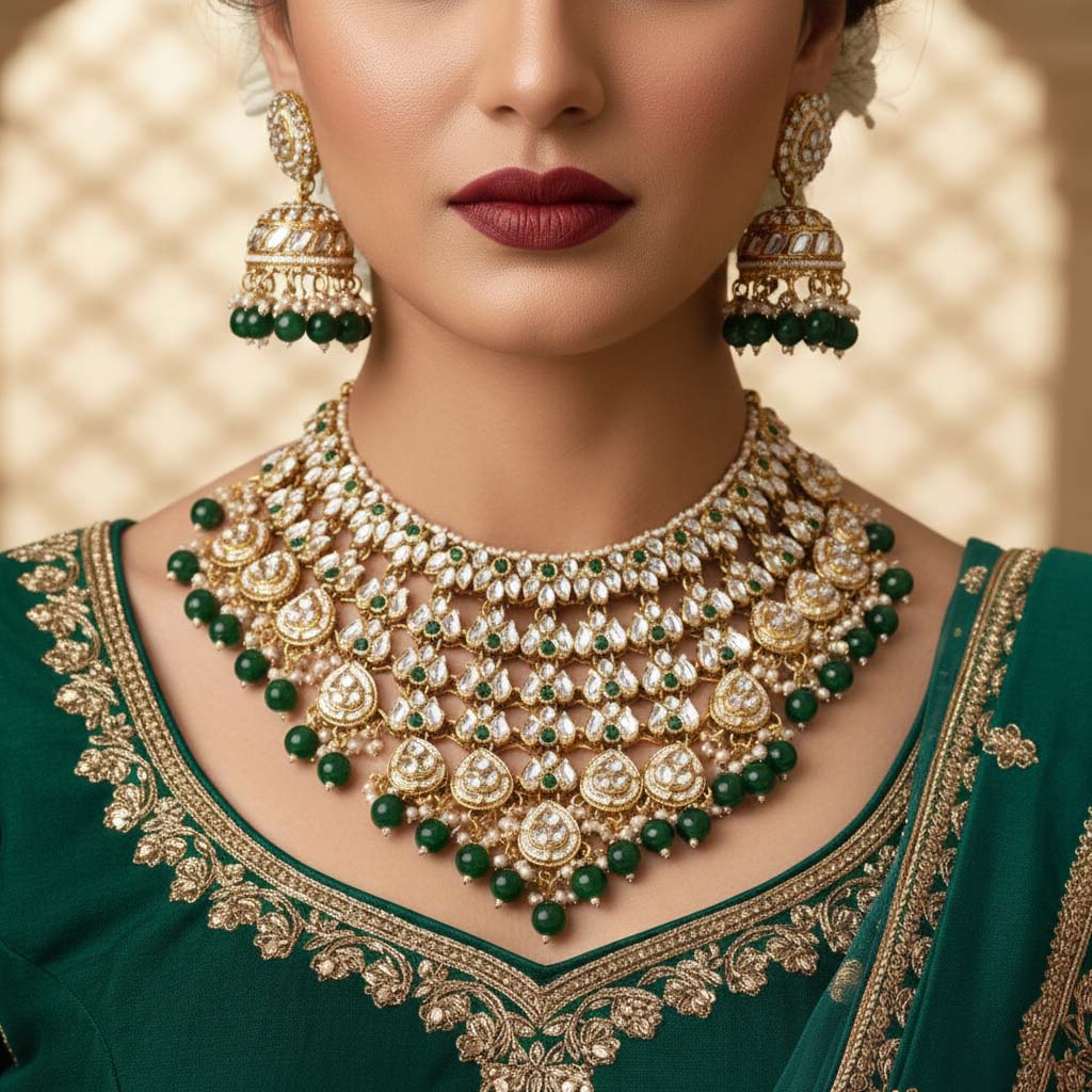 Stylish Green Color Kundan Necklace Set Designed For Bridal Wear, Festive Events, And Cultural Fashion