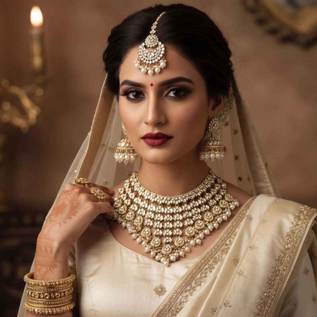 Elegant White Color Kundan Necklace Set Designed For Parties, Brides, And Ethnic Wedding Functions