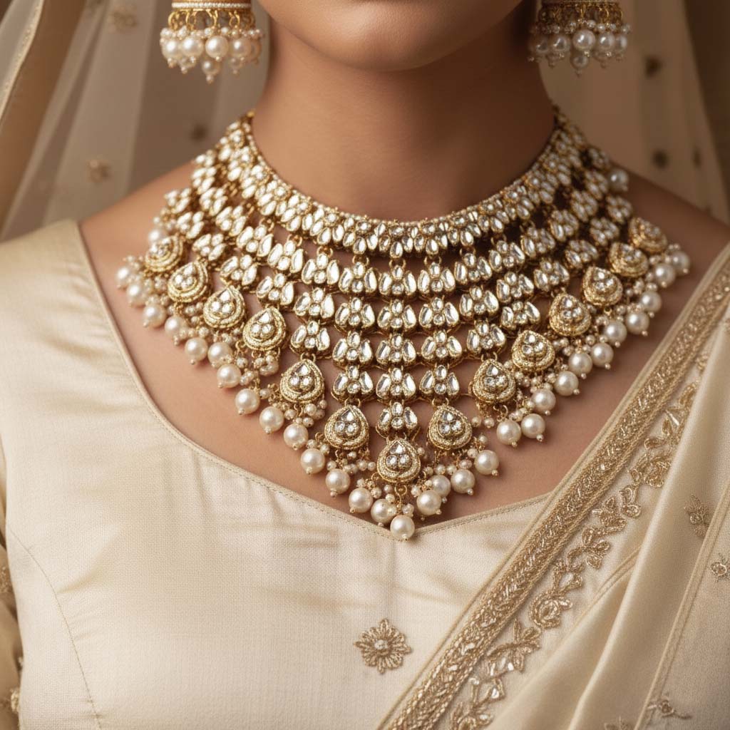 Elegant White Color Kundan Necklace Set Designed For Parties, Brides, And Ethnic Wedding Functions