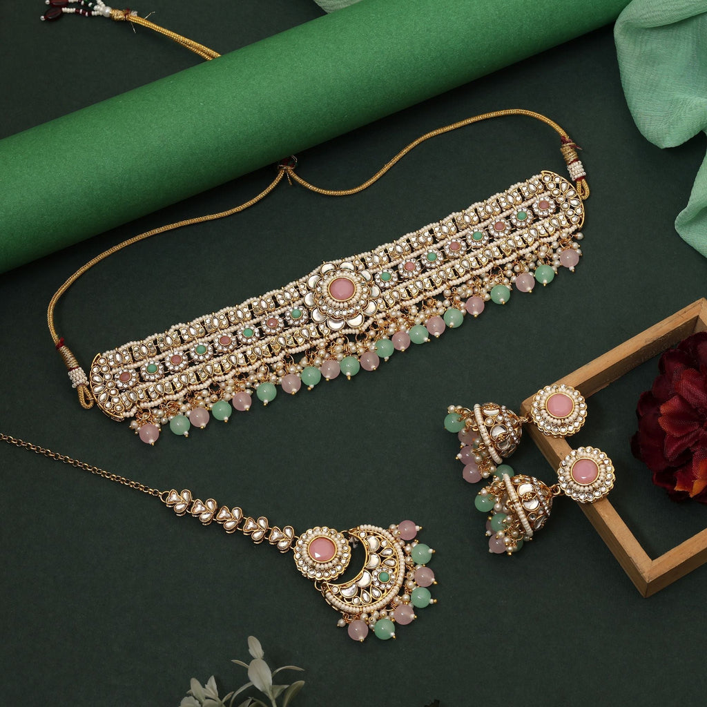 Elegant Pista Green And Pink Color Choker Kundan Necklace Set Designed For Brides, Parties, And Festivals