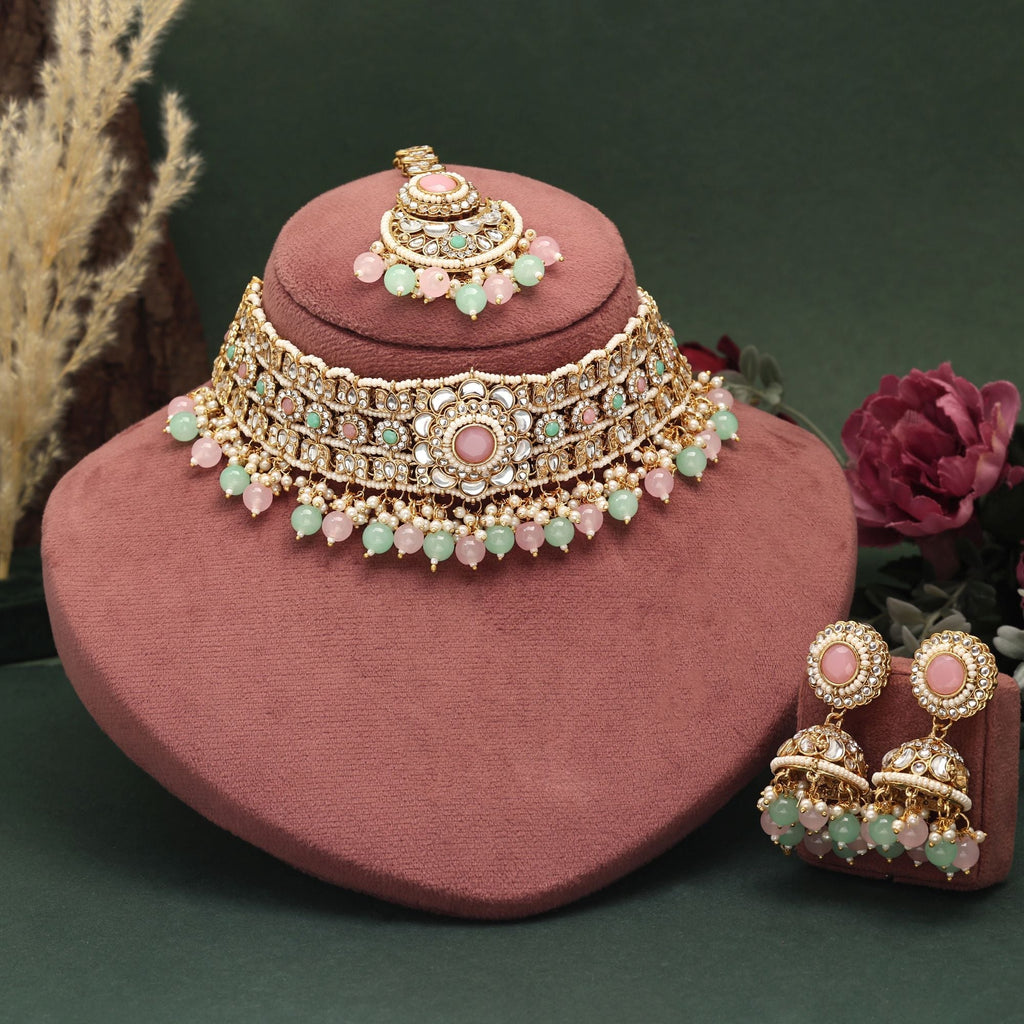 Elegant Pista Green And Pink Color Choker Kundan Necklace Set Designed For Brides, Parties, And Festivals