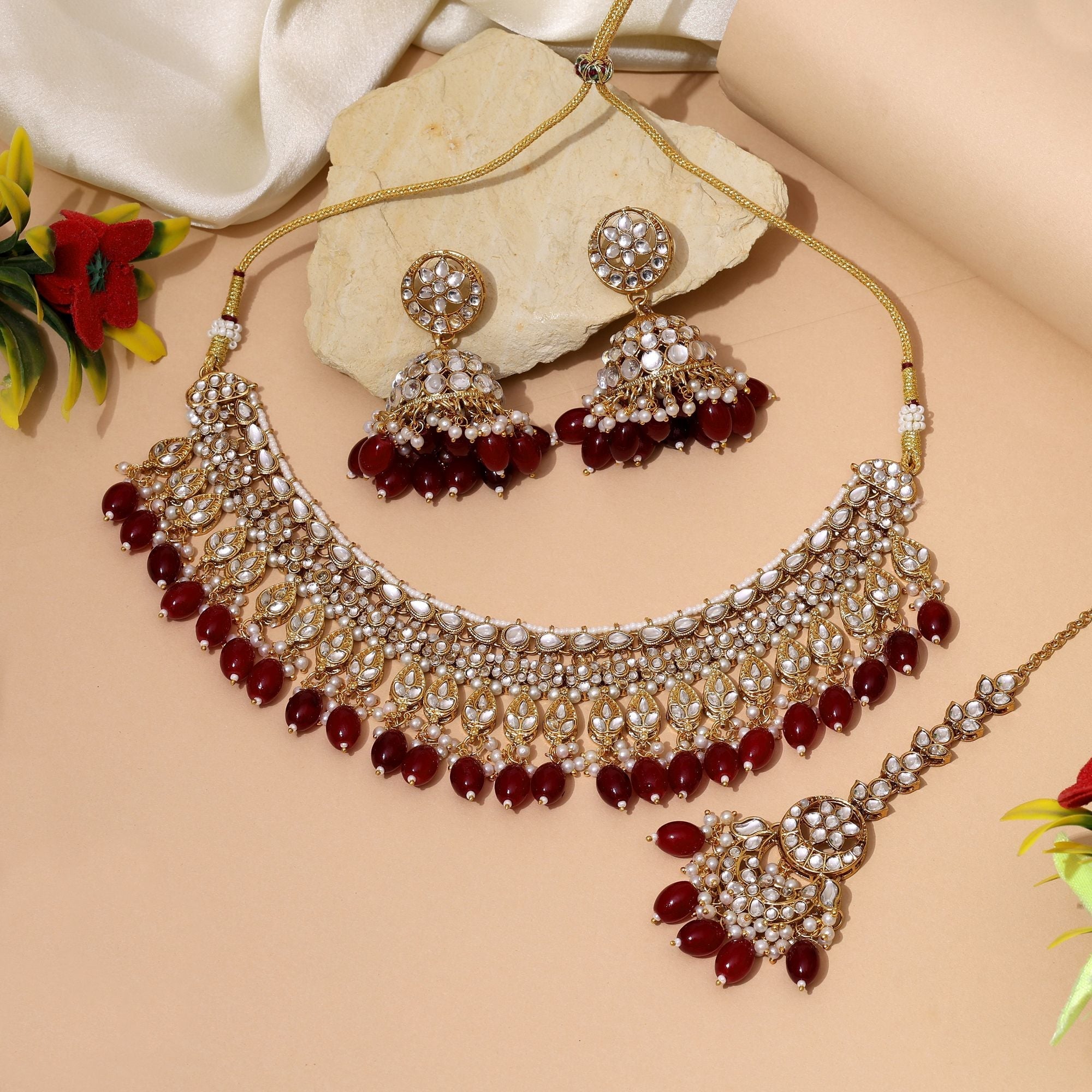 Antique Maroon Color Kundan Necklace Set With Ethnic Indian Bridal Jewellery