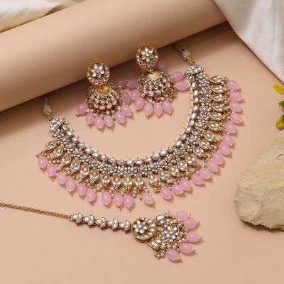 Gorgeous Pink Color Kundan Necklace Set Ideal For Weddings And Party Wear