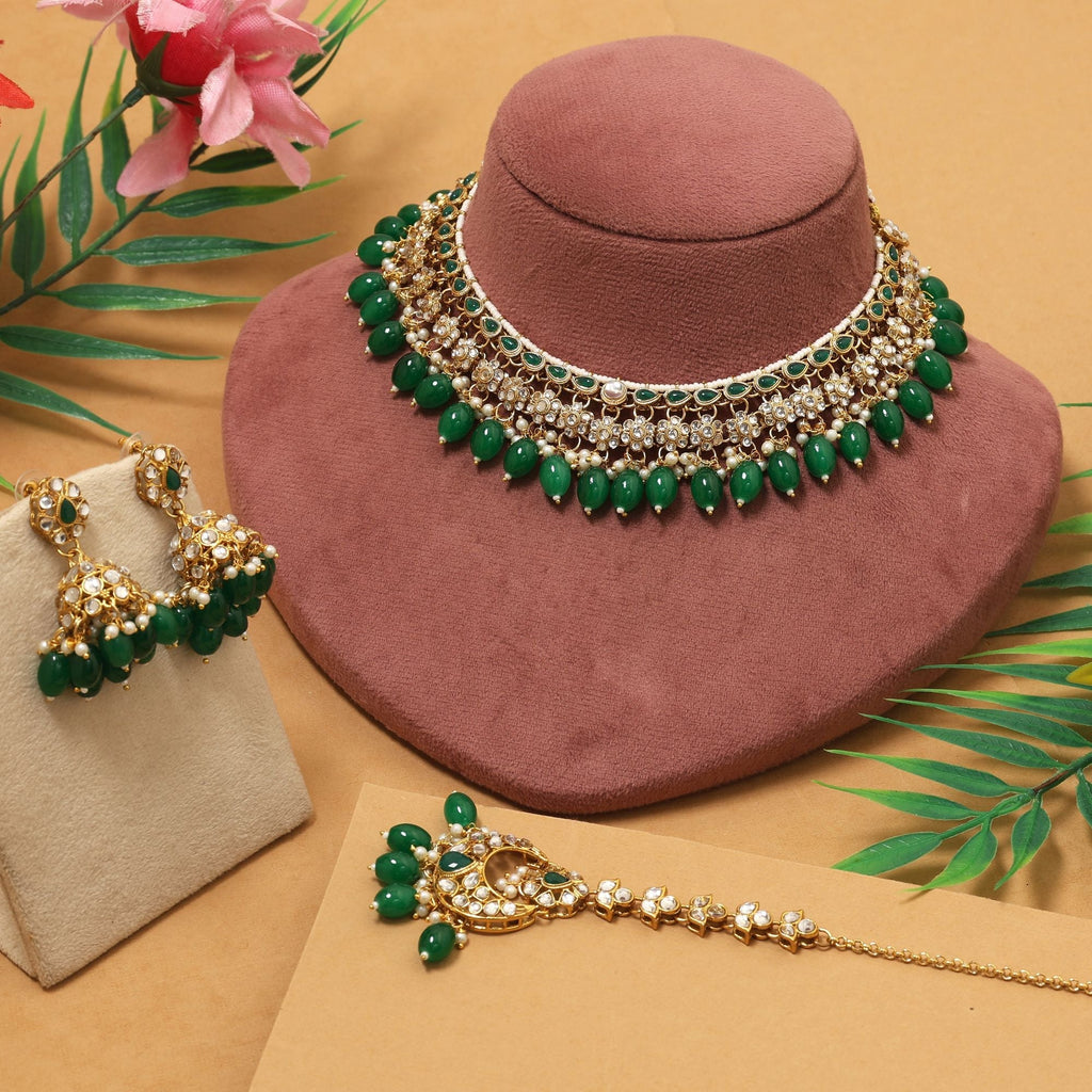 Trendy Green Color Kundan Necklace Set Perfect For Weddings Festivals And Parties