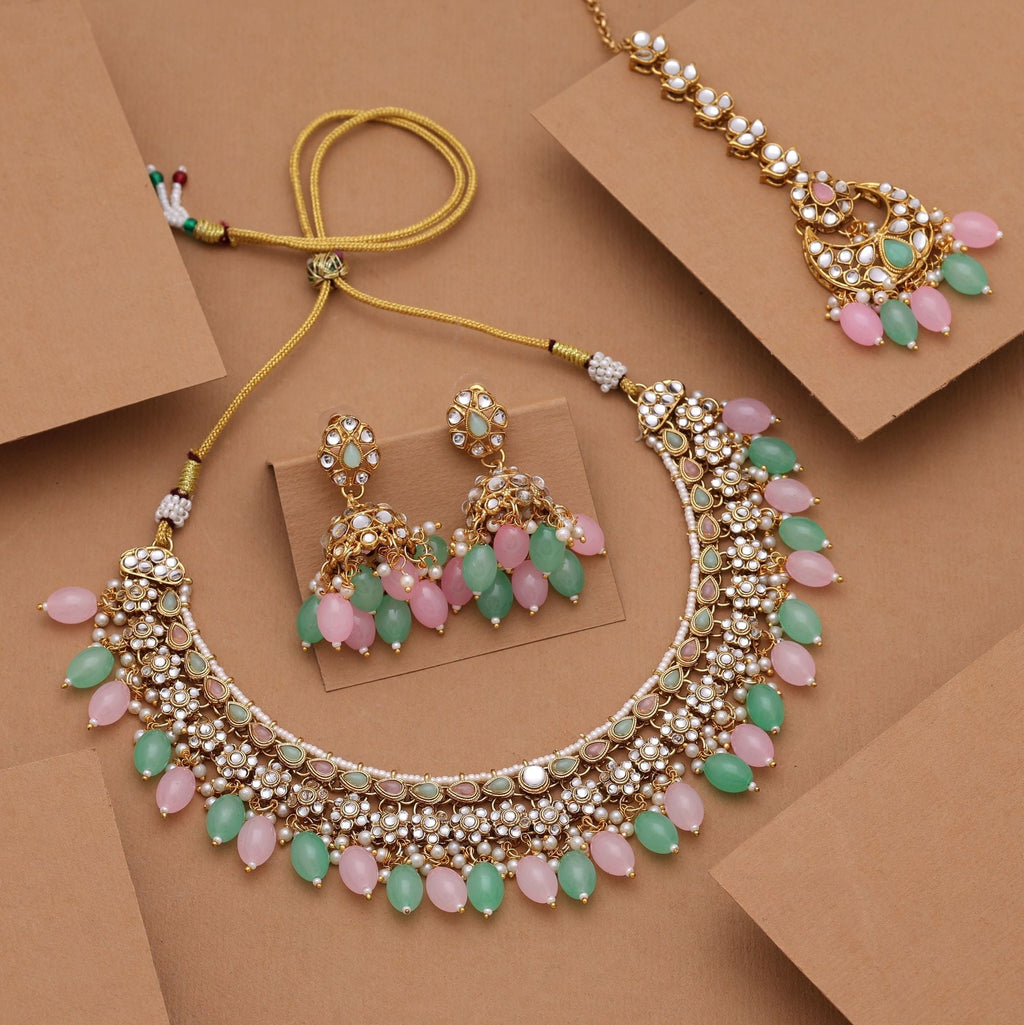 Dual Shade Pink Pista Green Color Kundan Necklace Set With Elegant Bridal Style