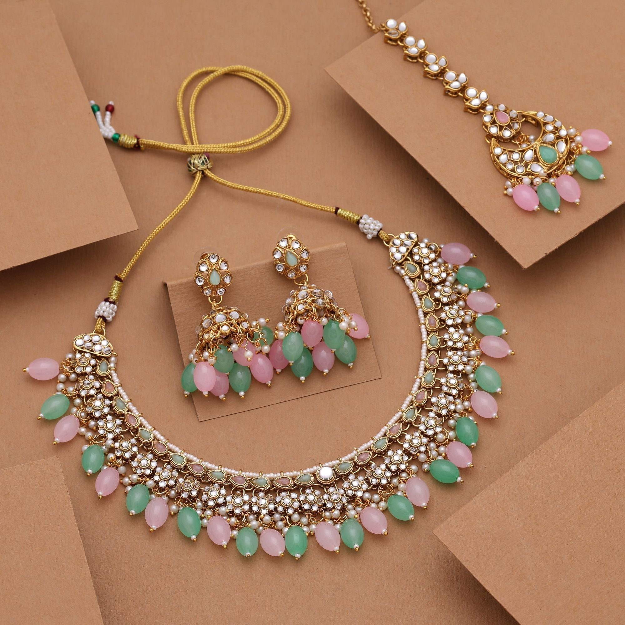 Dual Shade Pink Pista Green Color Kundan Necklace Set With Elegant Bridal Style