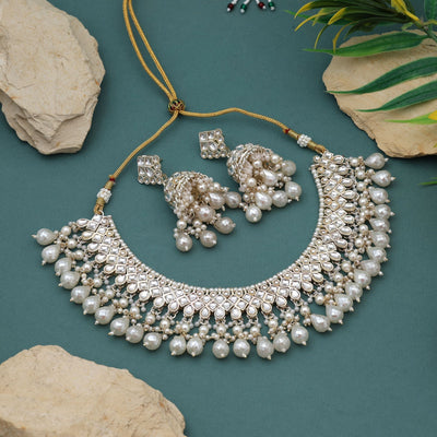 Gorgeous White Color Kundan Necklace Set For Festive Occasions