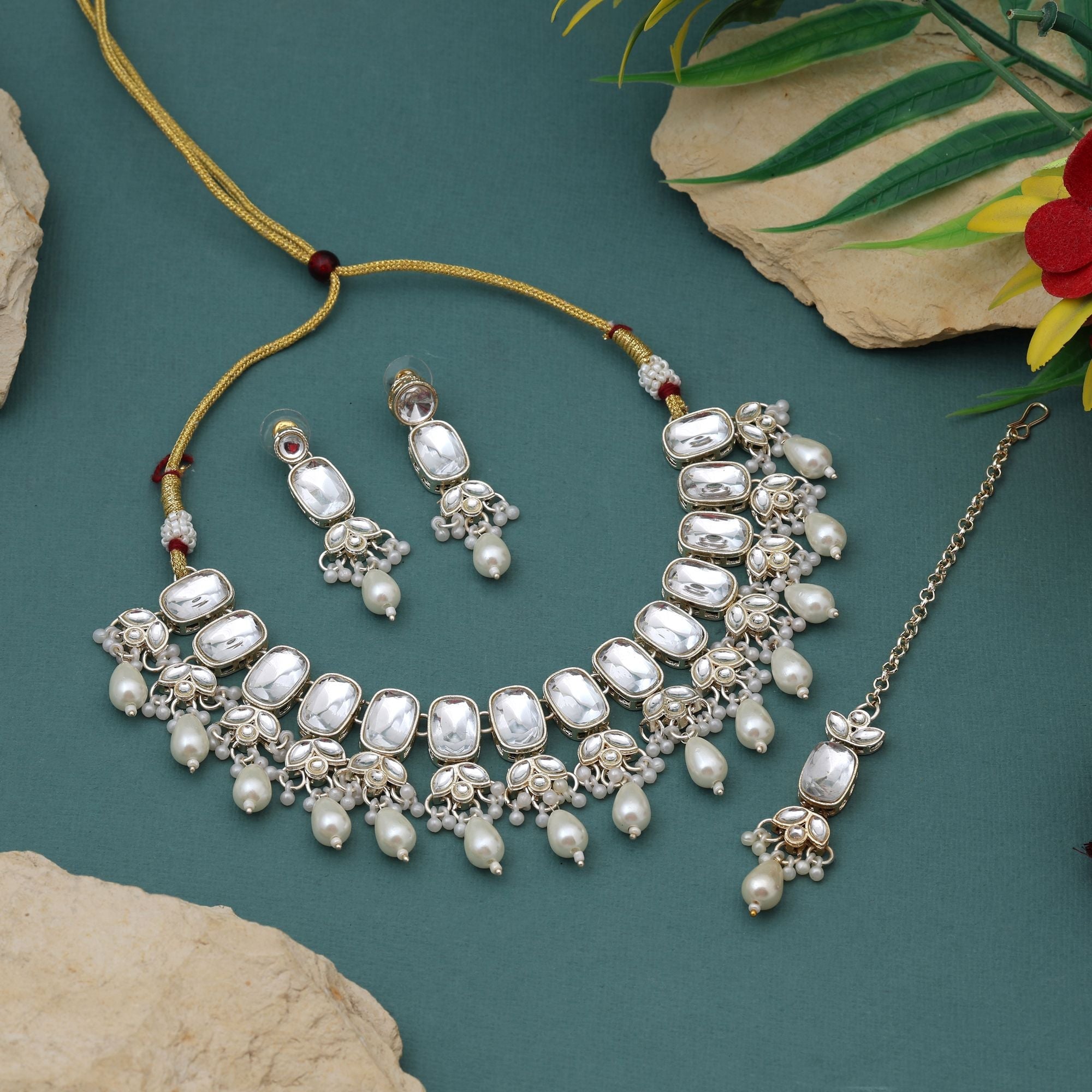 Royal White Color Kundan Necklace Set Crafted With Stunning Detailing And Antique Finish