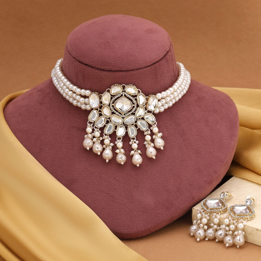 Stylish White Color Choker Kundan Necklace Set Perfect For Bridal And Festive Jewellery