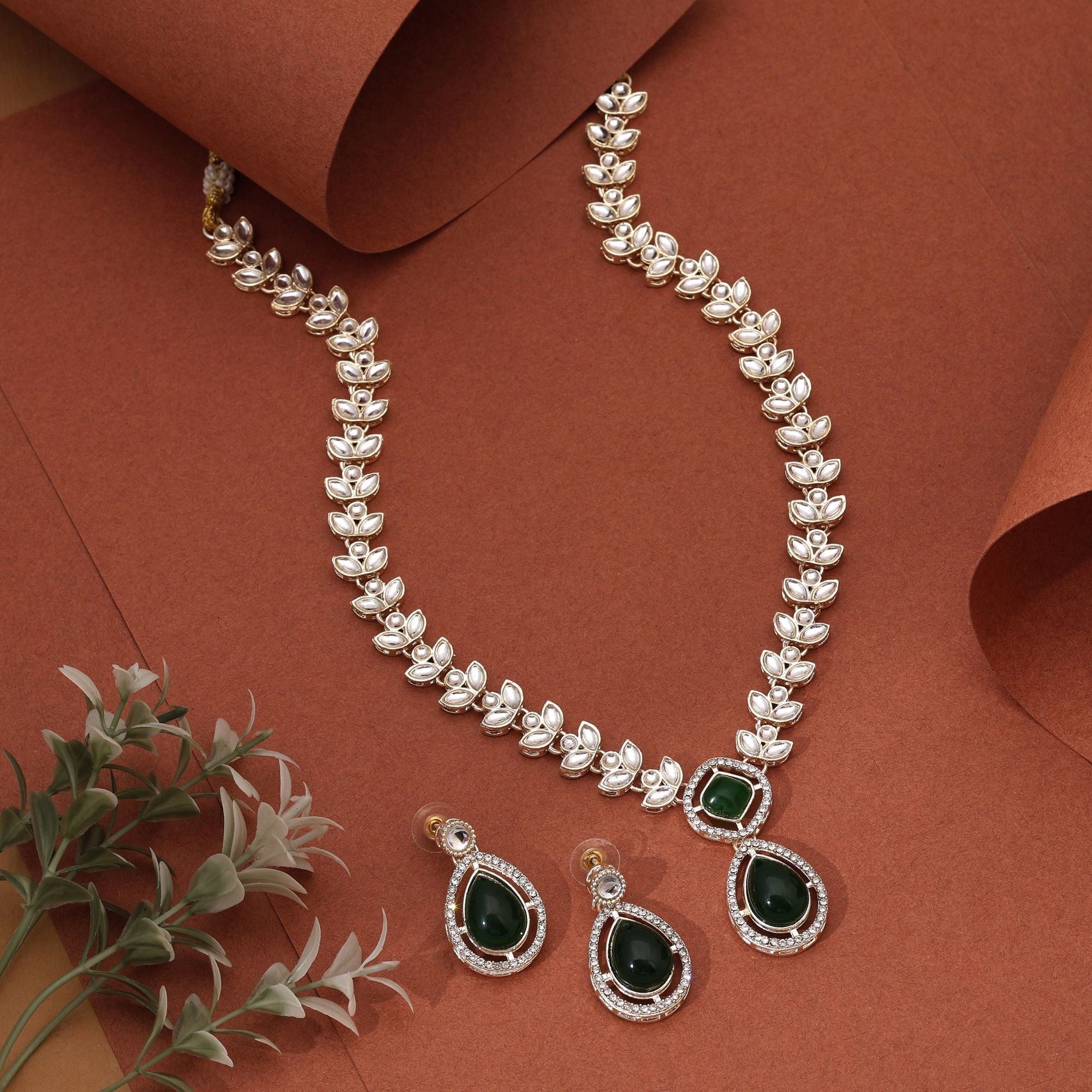 Beautiful Green Color Kundan Necklace Set With Matching Earrings For Brides And Bridesmaids