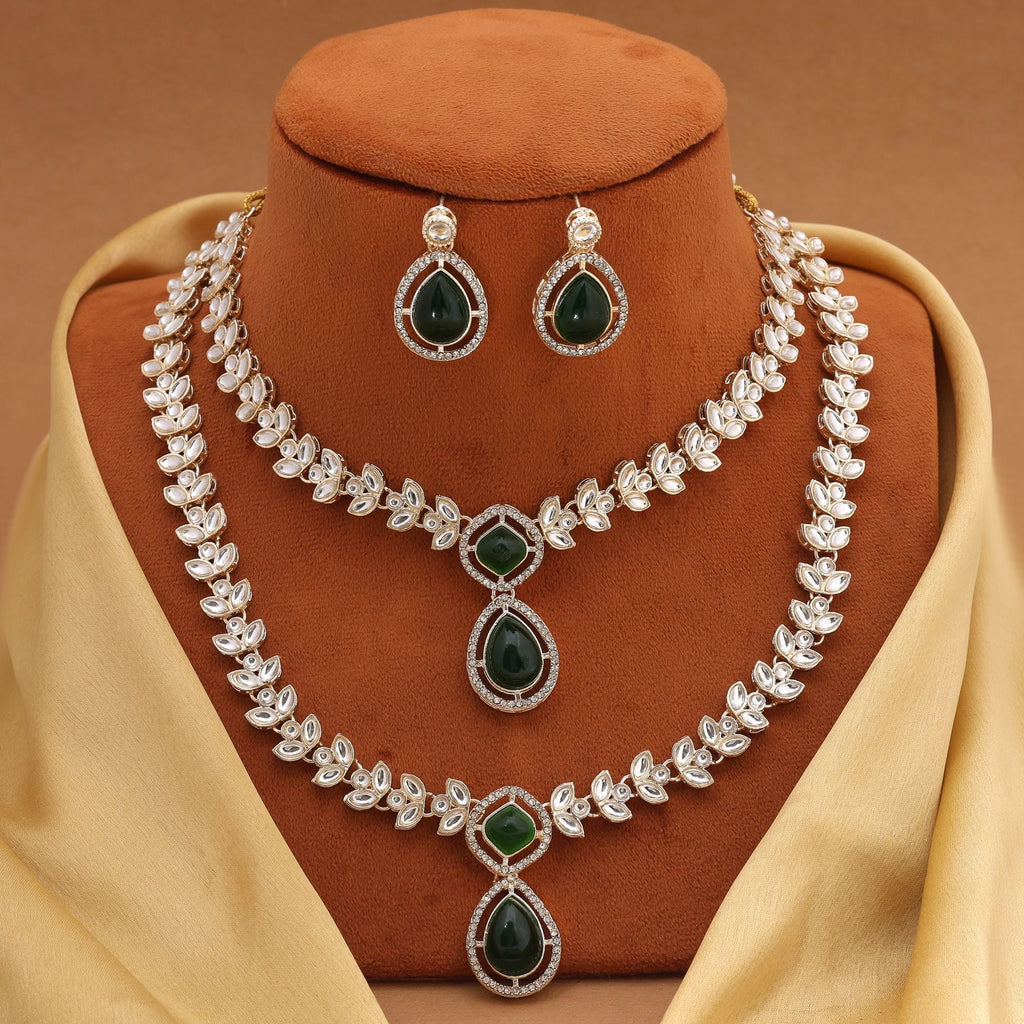Designer Green Color Kundan Necklace Set With Intricate Stones Perfect For Ethnic Outfits