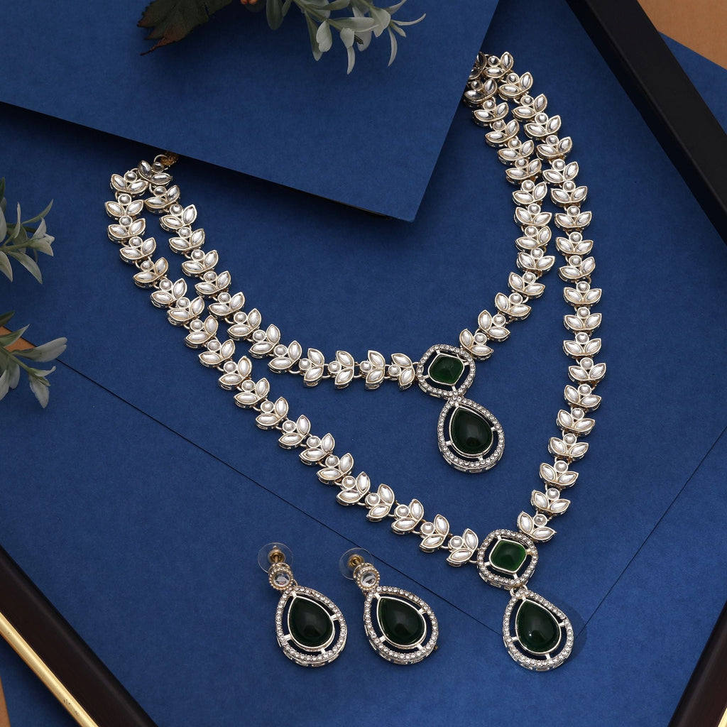 Designer Green Color Kundan Necklace Set With Intricate Stones Perfect For Ethnic Outfits