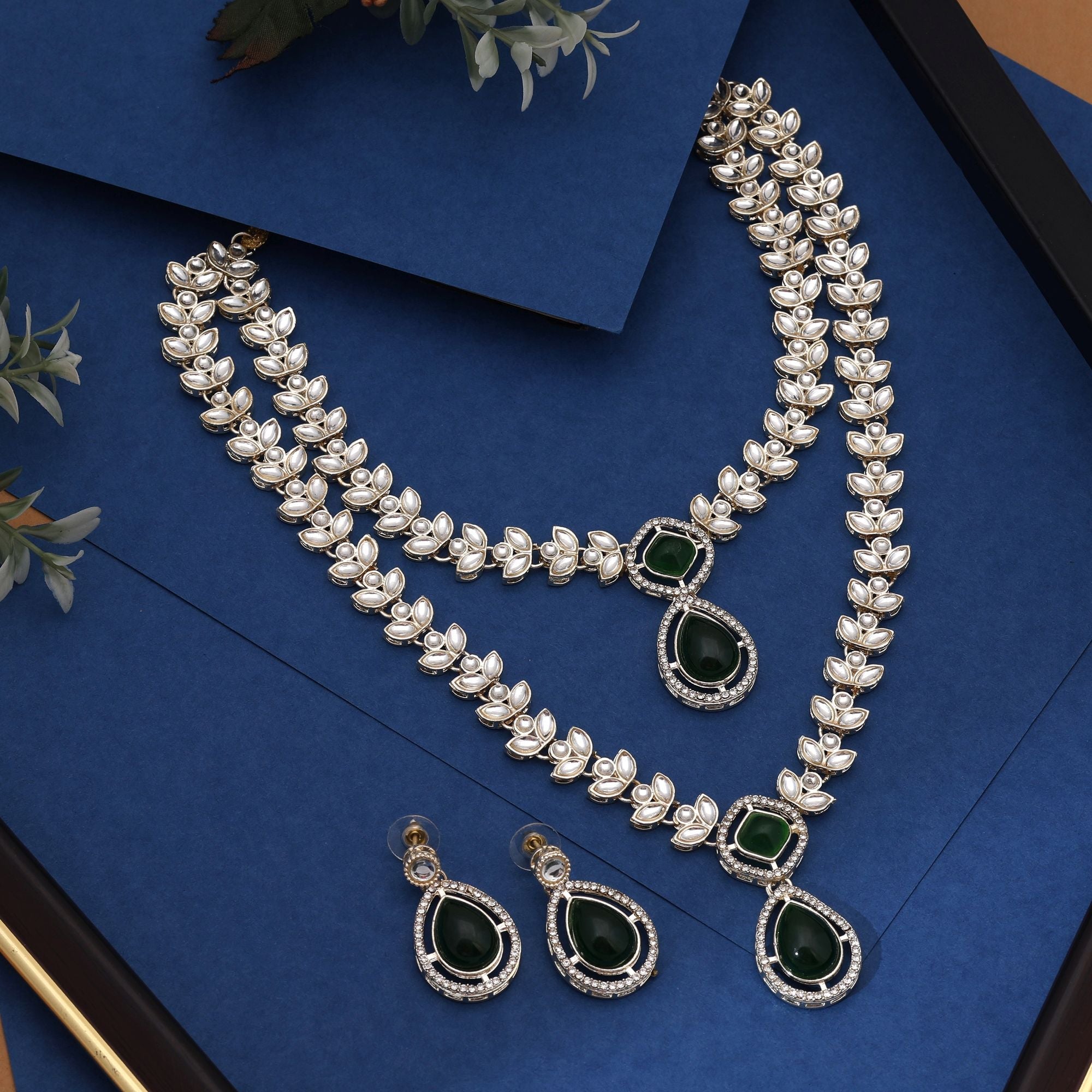 Designer Green Color Kundan Necklace Set With Intricate Stones Perfect For Ethnic Outfits