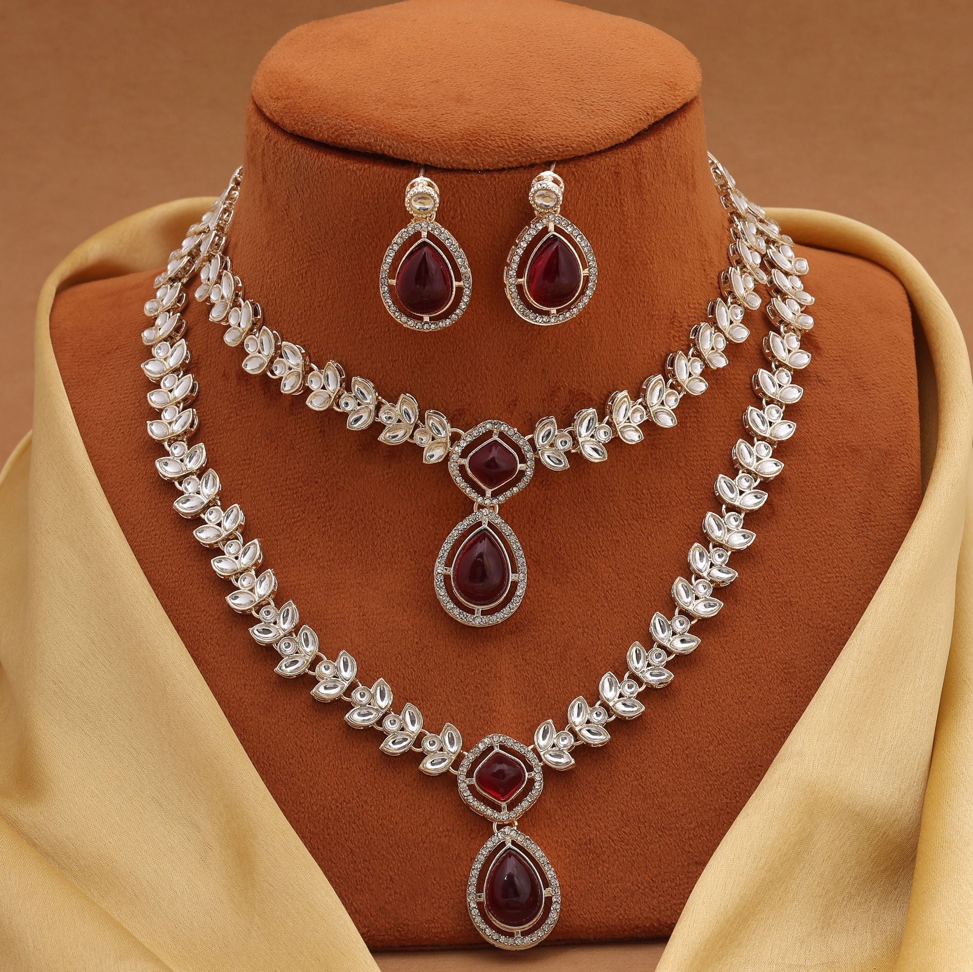 Traditional Maroon Color Kundan Necklace Set With Elegant Work For Cultural Celebrations