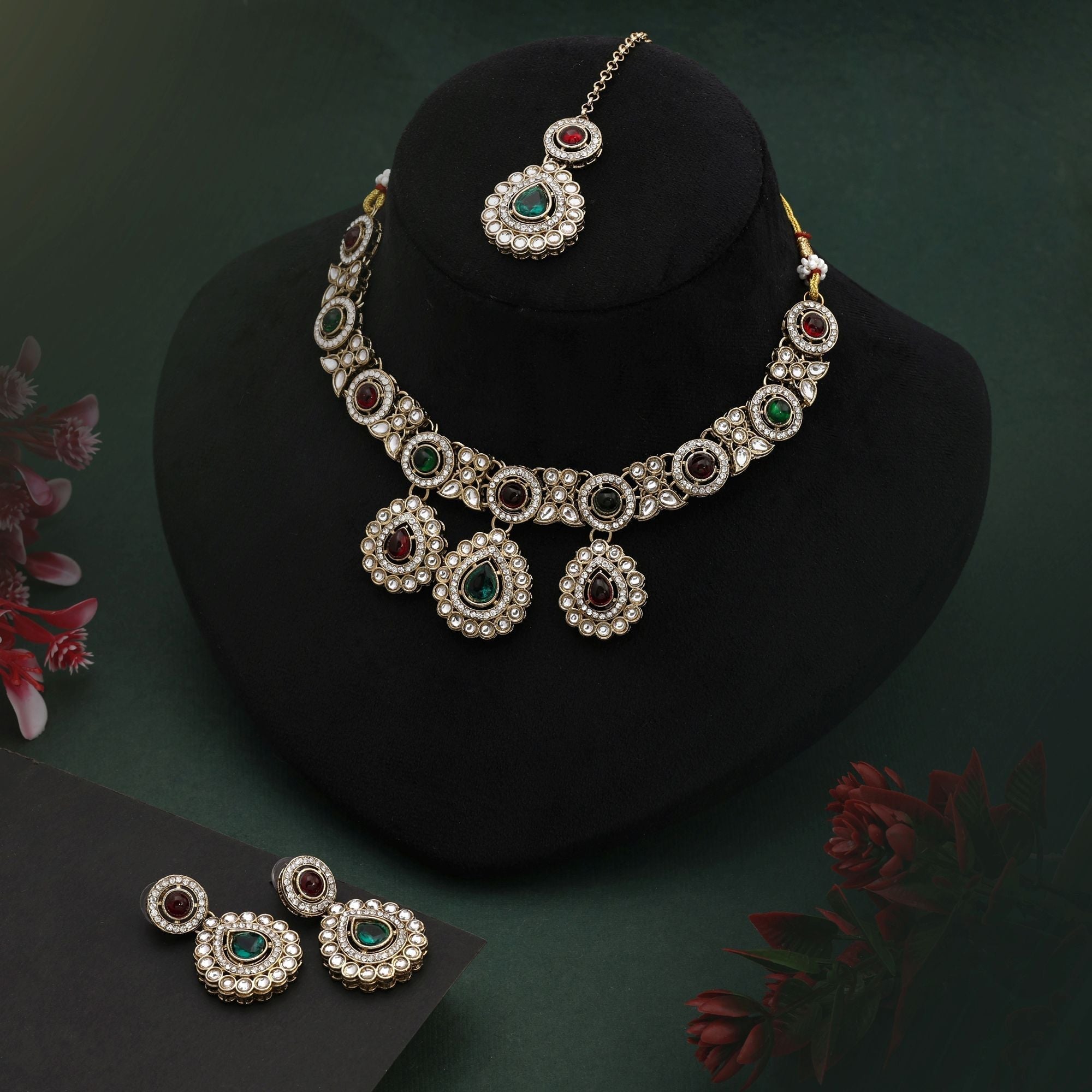 Traditional Maroon & Green Color Kundan Necklace Set For Festive And Bridal Wear