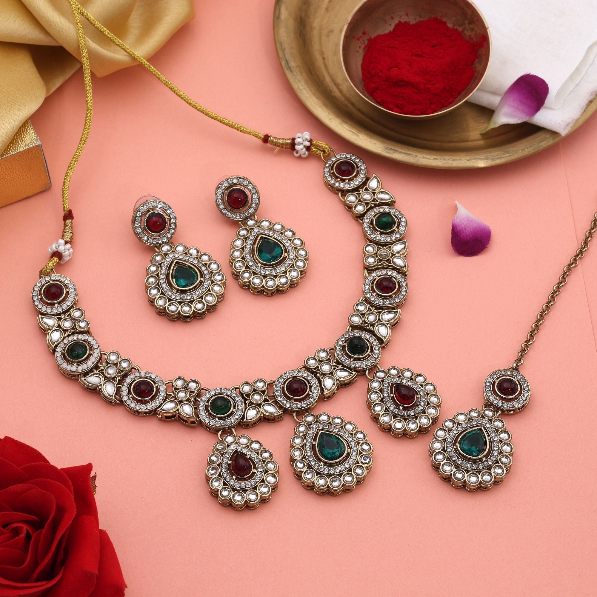 Traditional Maroon & Green Color Kundan Necklace Set For Festive And Bridal Wear