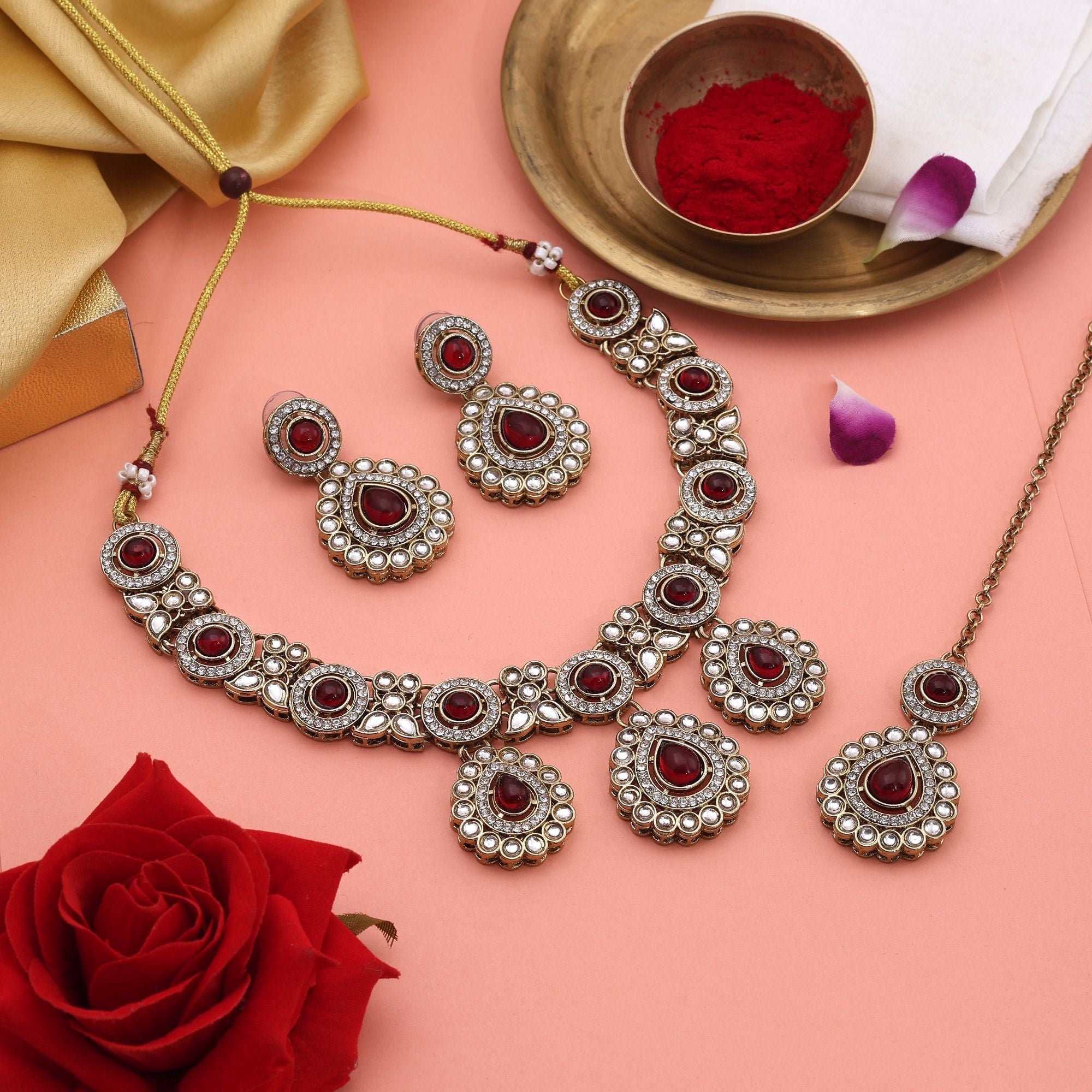 Classic Maroon Color Kundan Necklace Set Perfect For Weddings And Ethnic Events