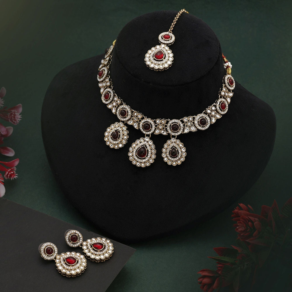 Classic Maroon Color Kundan Necklace Set Perfect For Weddings And Ethnic Events