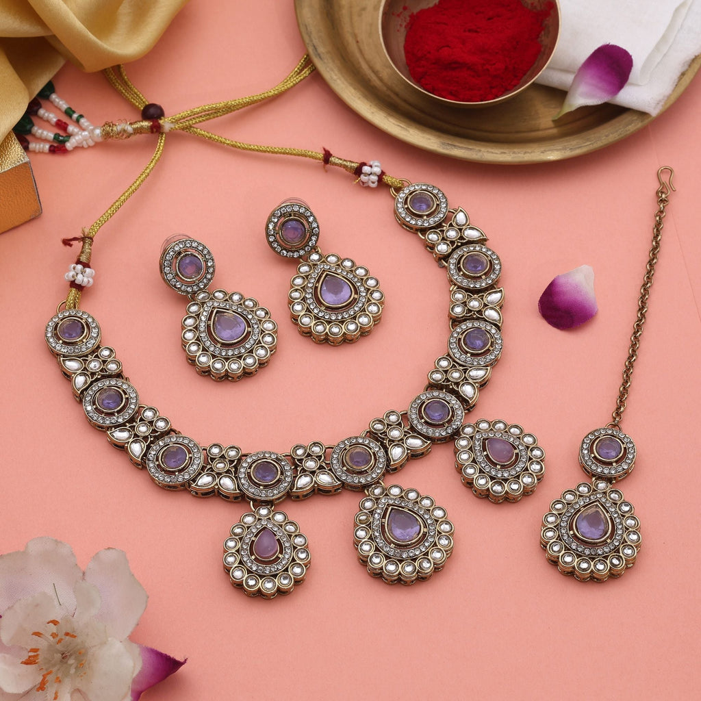 Royal Purple Color Kundan Necklace Set With Matching Earrings For Wedding Wear