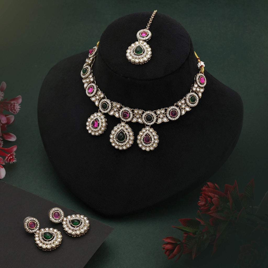 Stylish Rani & Green Color Kundan Necklace Set With Stone Work For Elegant Look