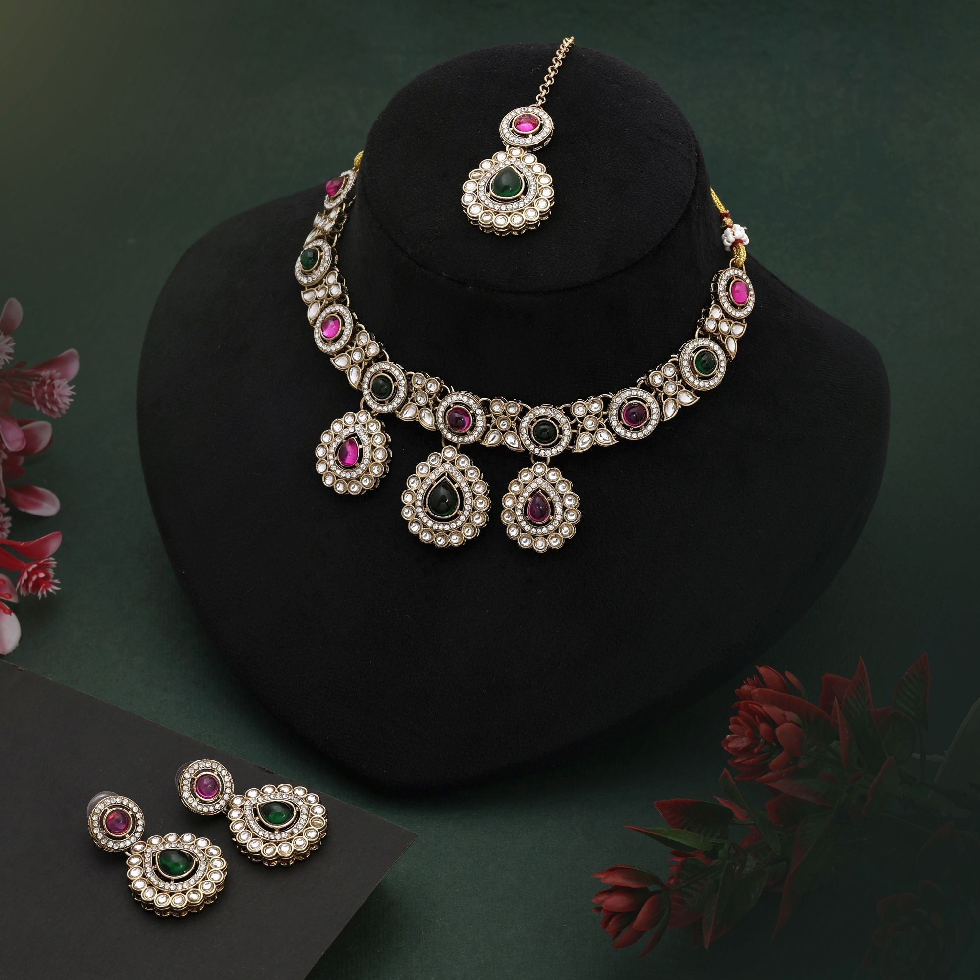 Stylish Rani & Green Color Kundan Necklace Set With Stone Work For Elegant Look