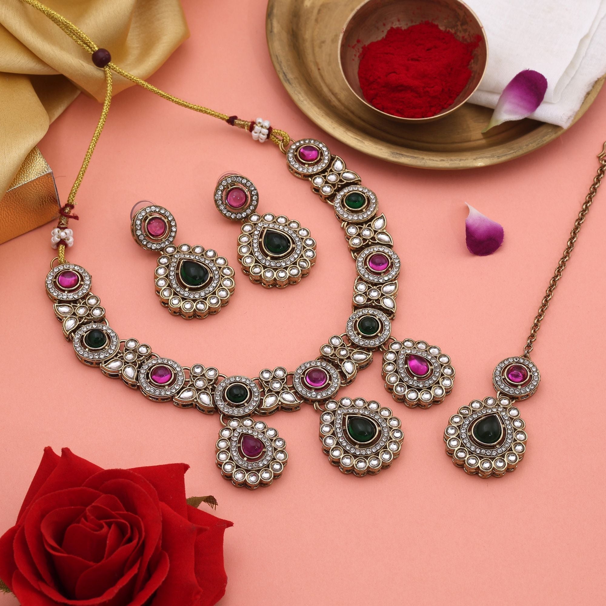 Stylish Rani & Green Color Kundan Necklace Set With Stone Work For Elegant Look