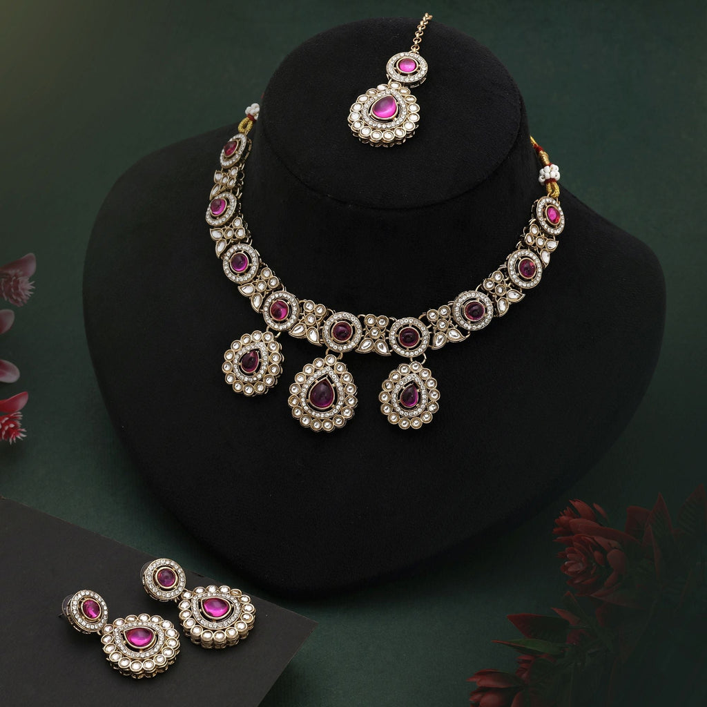 Premium Rani Color Kundan Necklace Set With Pearl Detailing For Bridal Fashion