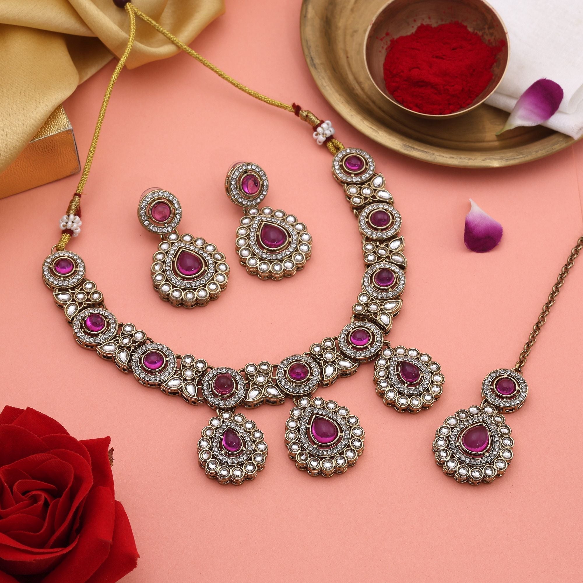 Premium Rani Color Kundan Necklace Set With Pearl Detailing For Bridal Fashion