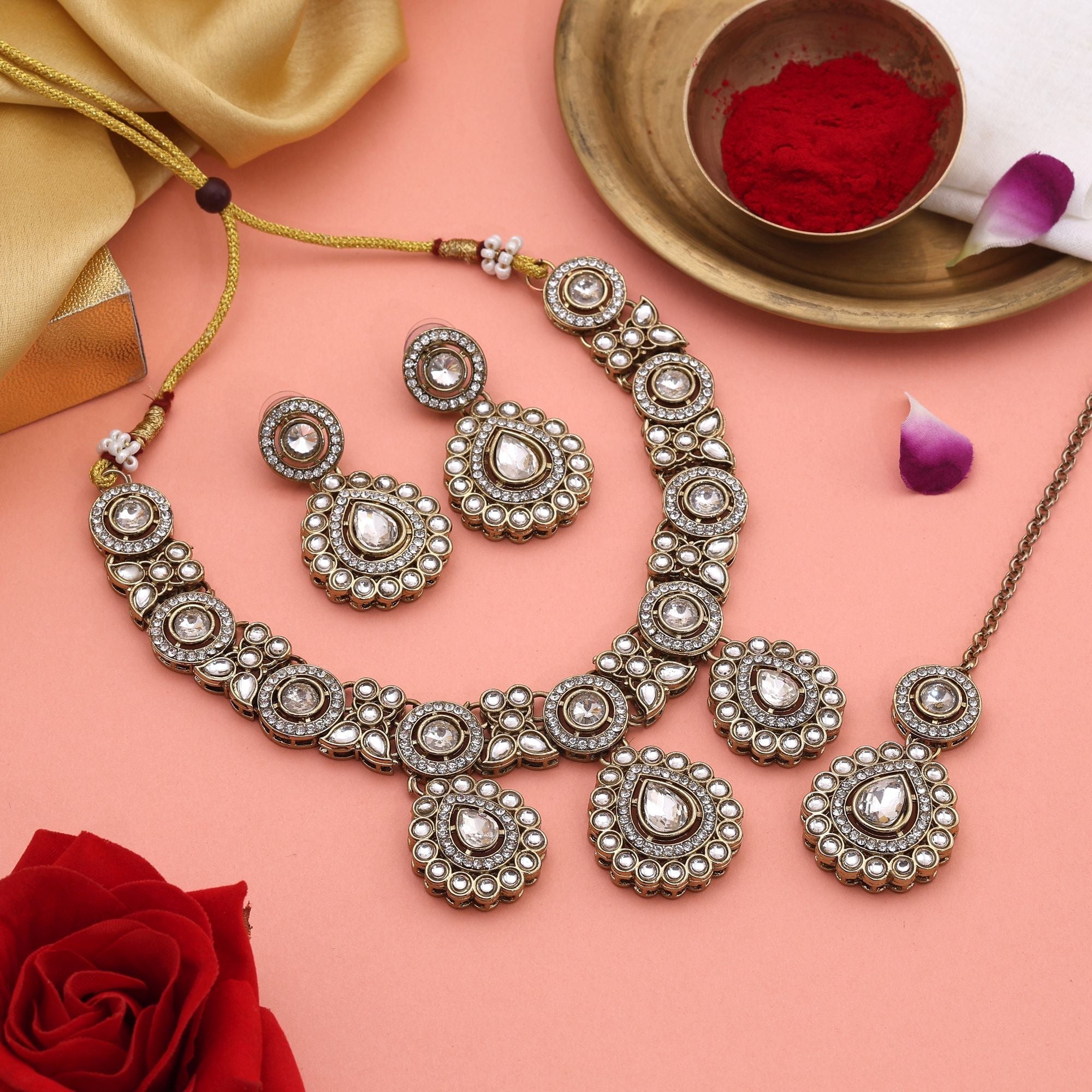 Royal White Color Kundan Necklace Set With Beaded Detailing For Elegant Brides