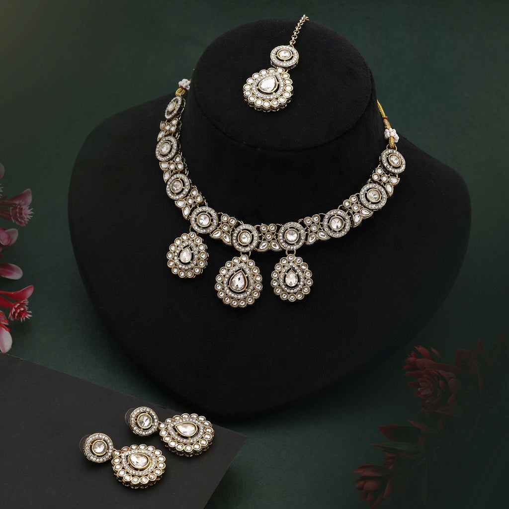 Royal White Color Kundan Necklace Set With Beaded Detailing For Elegant Brides