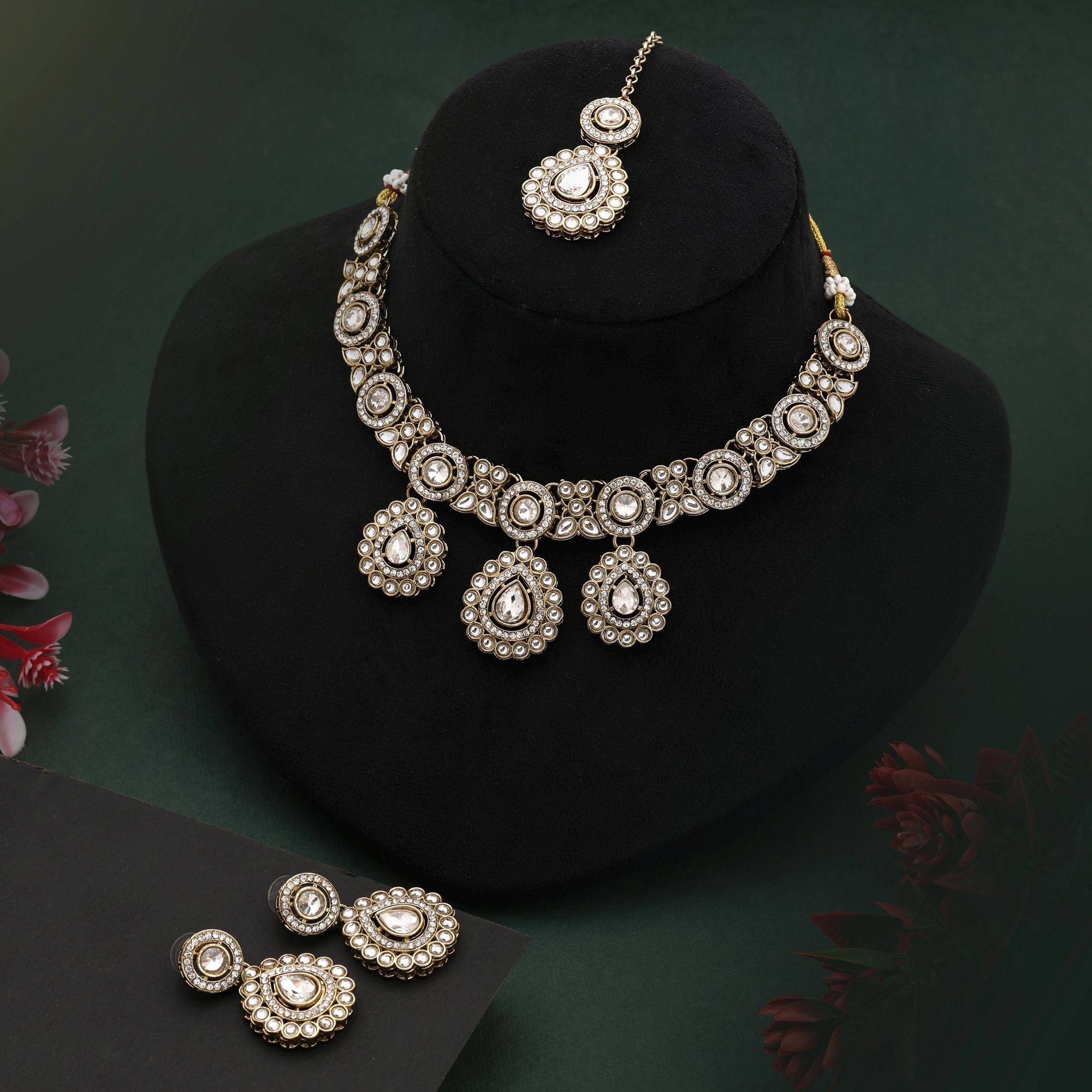 Royal White Color Kundan Necklace Set With Beaded Detailing For Elegant Brides