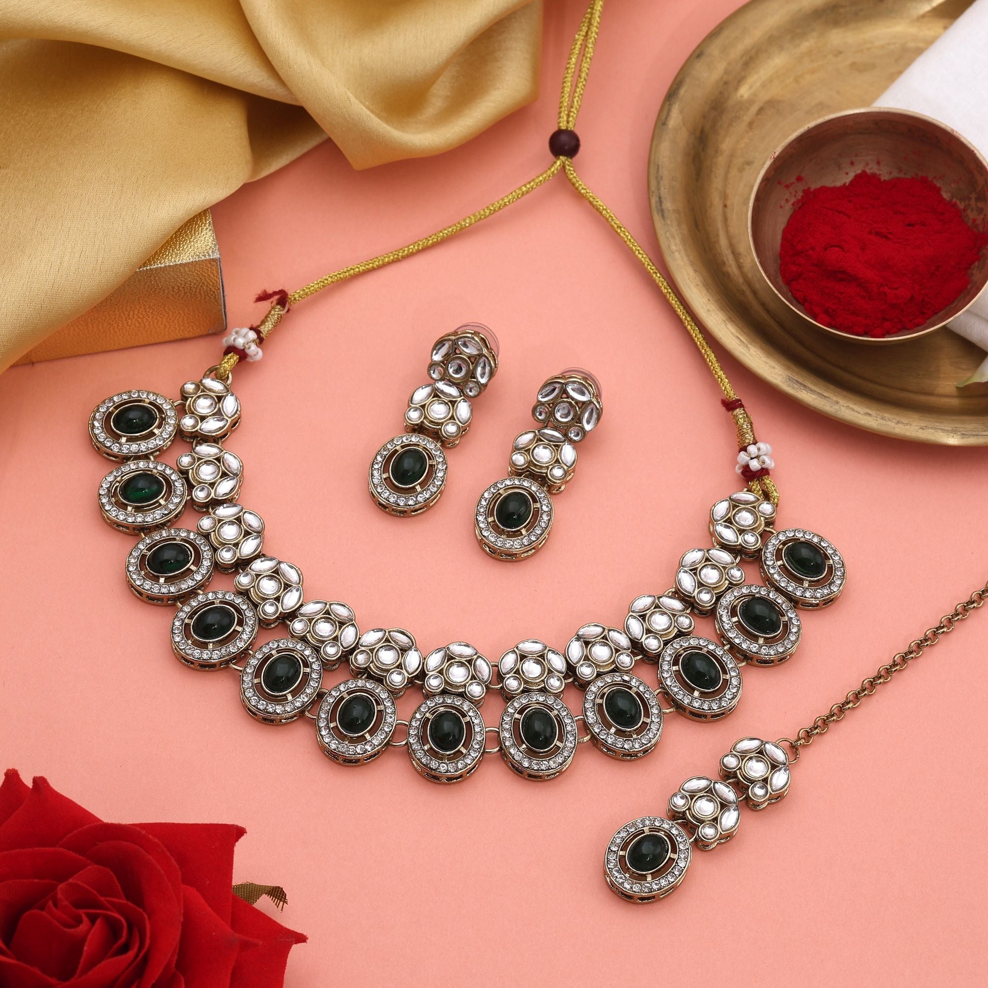 Royal Green Color Kundan Necklace Set With Pearls And Stones For Grand Events
