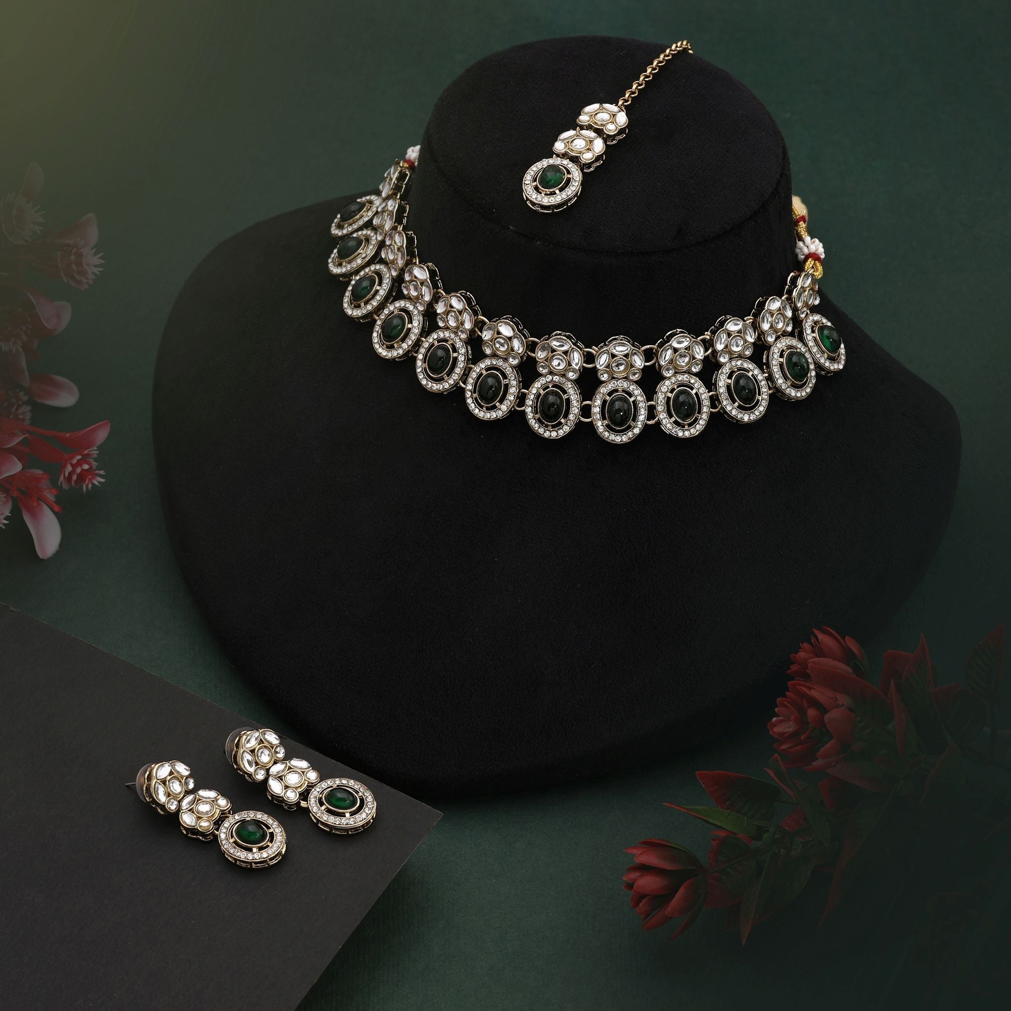 Royal Green Color Kundan Necklace Set With Pearls And Stones For Grand Events