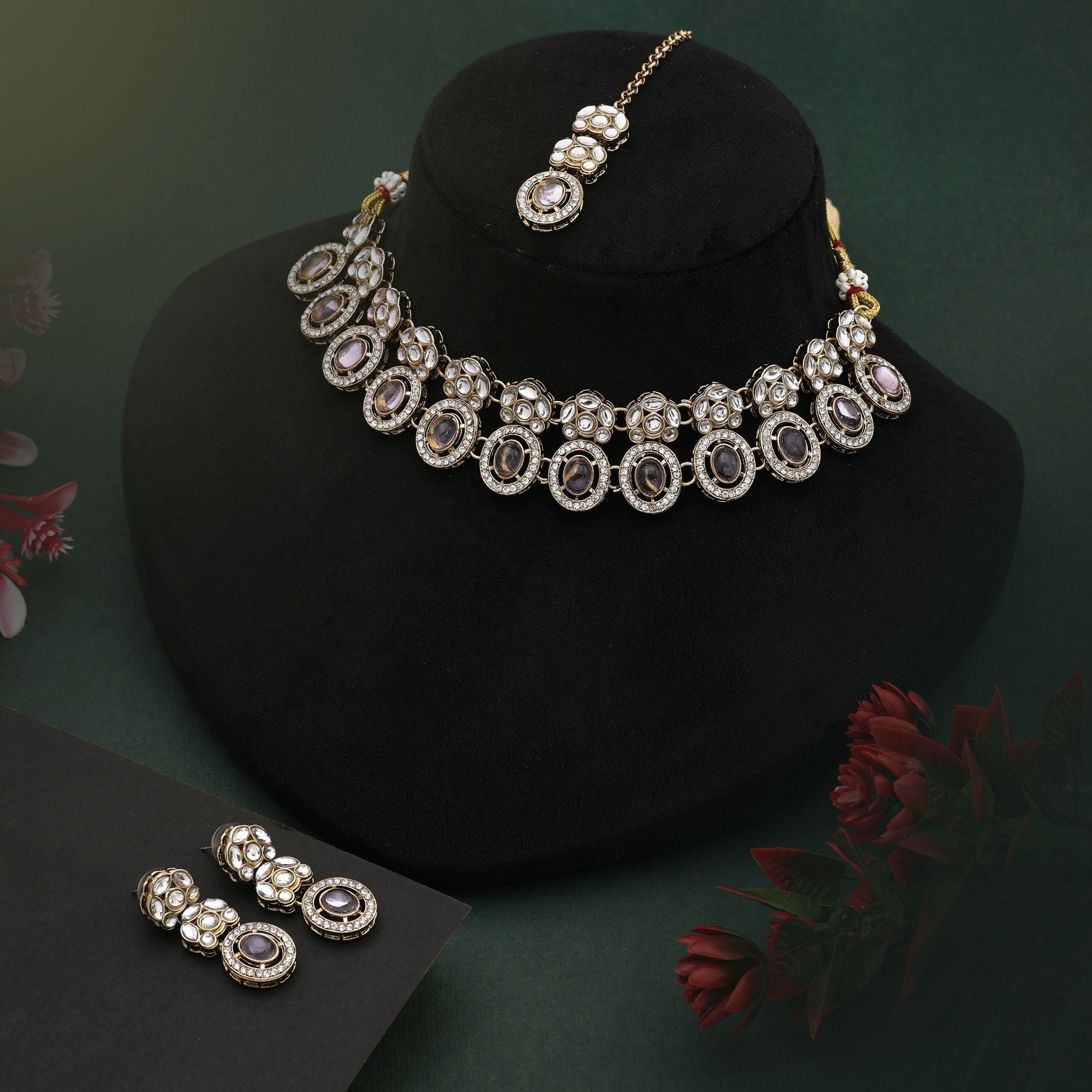 Unique Grey Color Kundan Necklace Set With Stones For Modern Festive Fashion